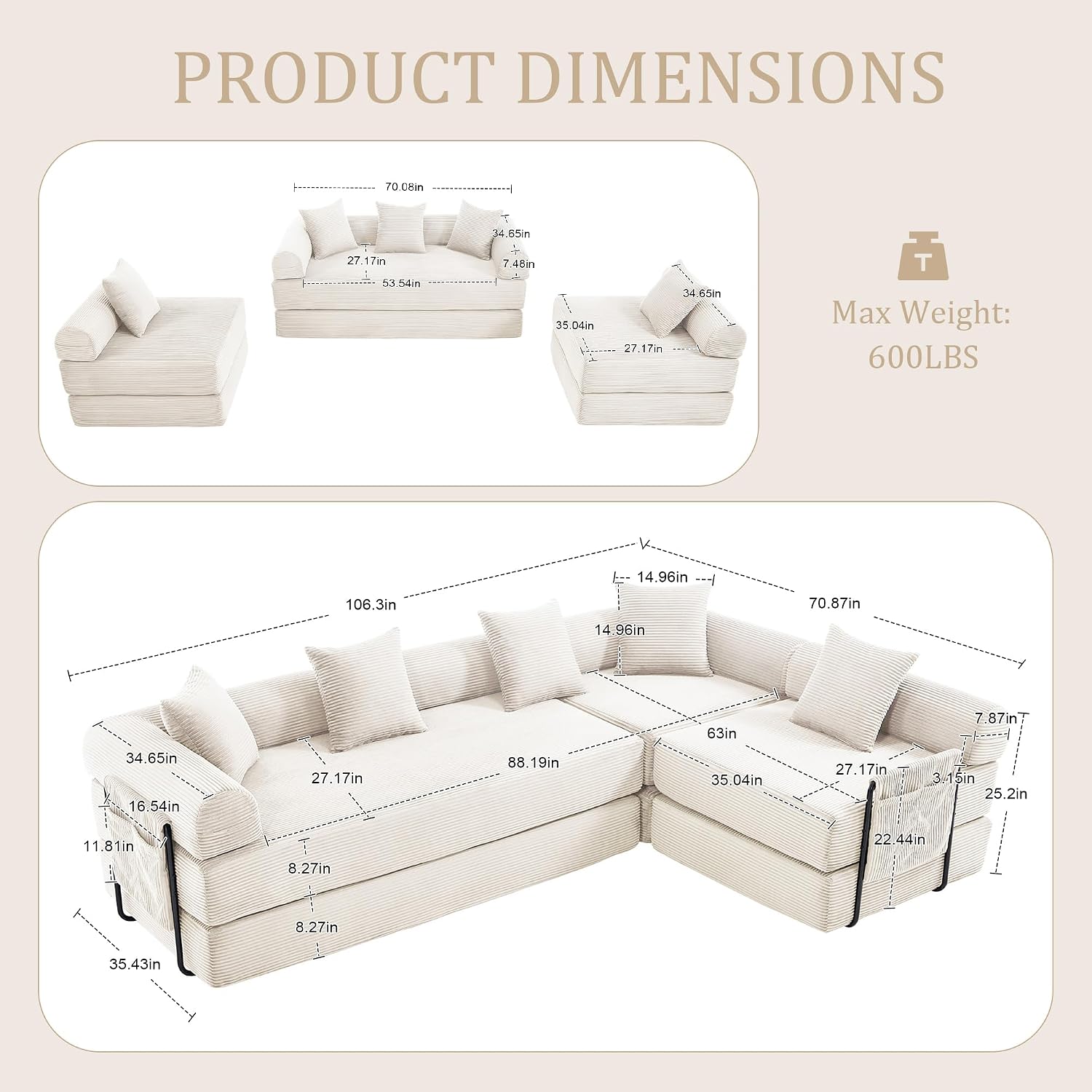 106' Oversized Convertible Sleeper Sofa Bed, Corduroy L Shape Sectional Couch, Folding Sofa Bed with Side Pocket, Modern Cloud Floor Mattress Couch, Modular Sofa for Living Room, Beige