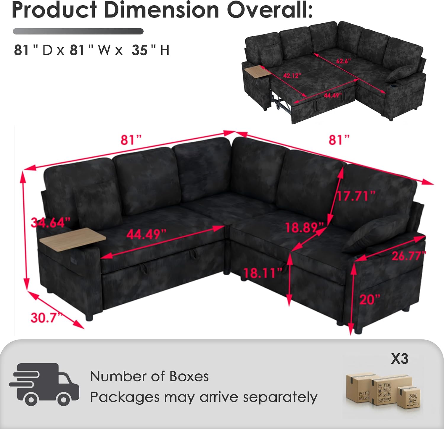 81' Modular Sectional Sofa, L Shaped 5-Seater Sleeper Sofa with Pull Out Bed, Hidden Storage, Cup Holders & USB Charging Ports, Sectional Couches for Living Room, Chenille, Black
