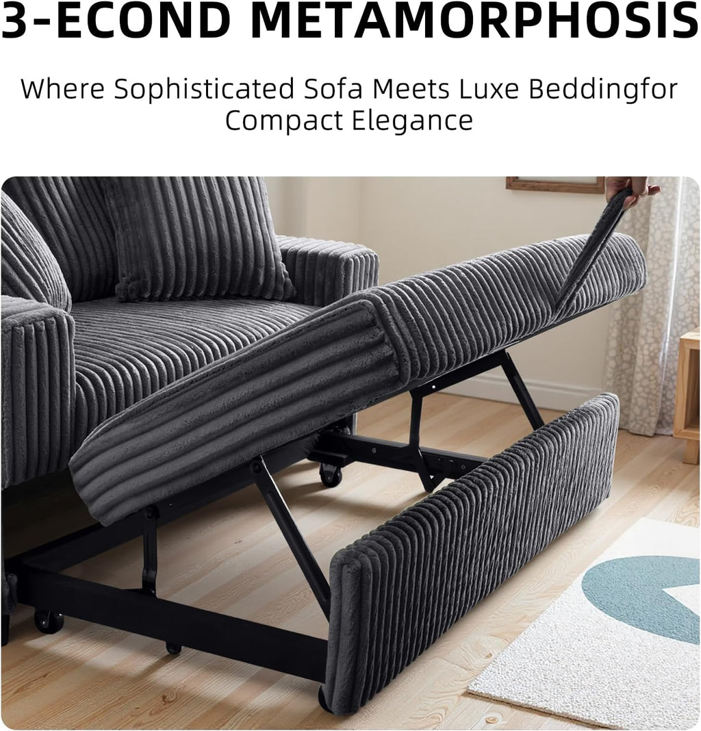3 in 1 Convertible Sofa Bed，52.8' Pull Out Couch with Side Pockets，Modern Corduroy Fabric Loveseat Sleeper Sofa with Adjustable Backrest for Living Room Bedroom Apartment (Gray Corduroy)