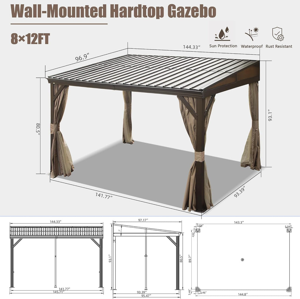 Domi 8' x 12' Lean to Gazebo with Aluminum Frame, Wall Mounted Gazebo Hardtop Galvanized Steel Sloping Roof with Curtains and Netting for Patio Deck Backyard Lawn Party