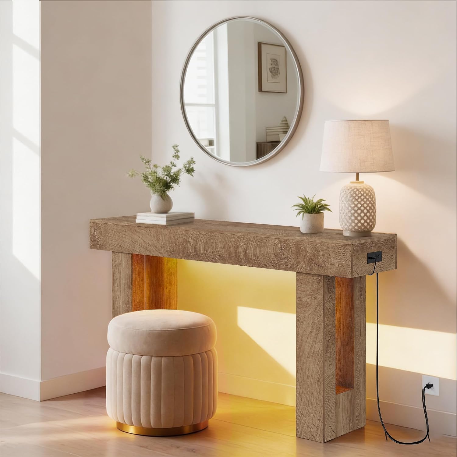 63' Long Console Table with Power Outlet LED Lights, Modern Entryway Table with Human Sensor Light, Large Industrial Hallway Accent Furniture for Living Room, Entryway, Hallway