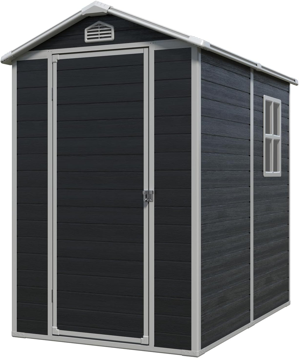 Resin 8x4ft Outdoor Storage Shed with Two Windows & Double Doors-Durable, Weather, Storage Solution for Yard, Garden, Tools, and Equipment (4x6Ft Gable | Single Door & Window | Black, Resin)