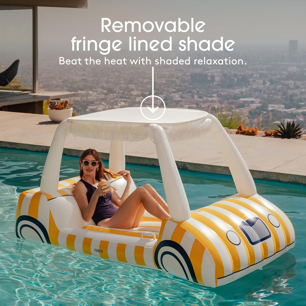 FUNBOY Yellow & White Cabana Striped Golf Cart Pool Float 90' Long, Two Cup Holders, Removable Fringe Shade, Float for Summer Pool Party and Entertainment
