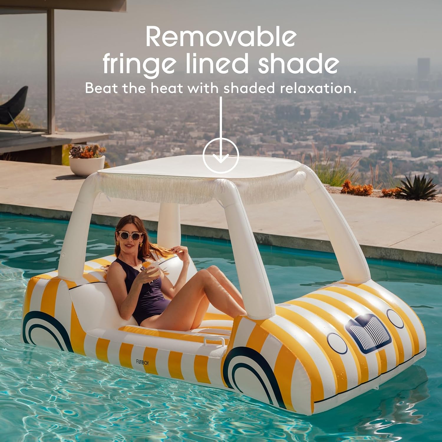 FUNBOY Yellow & White Cabana Striped Golf Cart Pool Float 90' Long, Two Cup Holders, Removable Fringe Shade, Float for Summer Pool Party and Entertainment