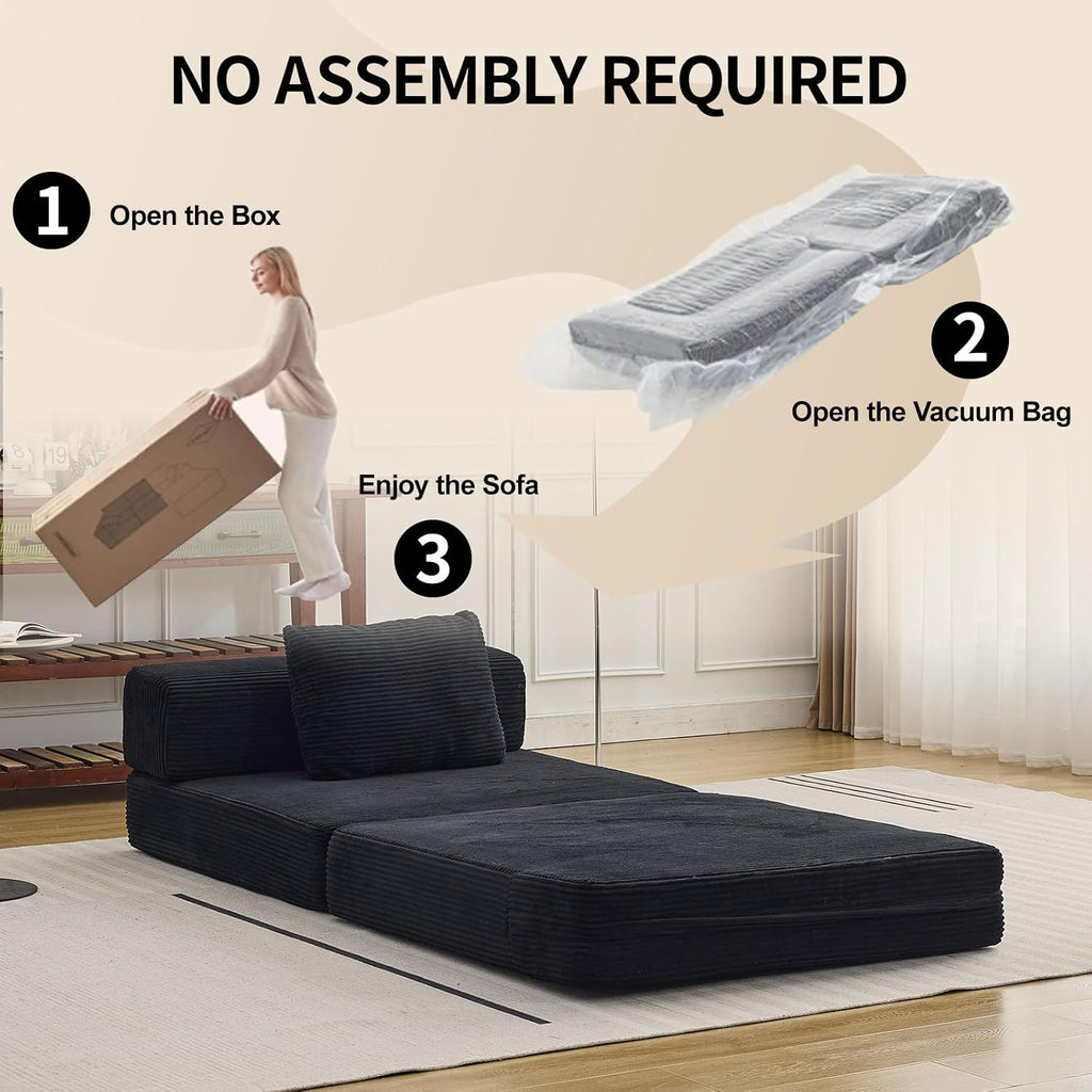 Folding Sofa Bed, Convertible Sleeper Chair with Pillow, Single Sofa with Back Support, Portable Fold Out Chair Cloud Couch Bed, Comfy Floor Sofa Lounge for Living Room Bedroom, Black