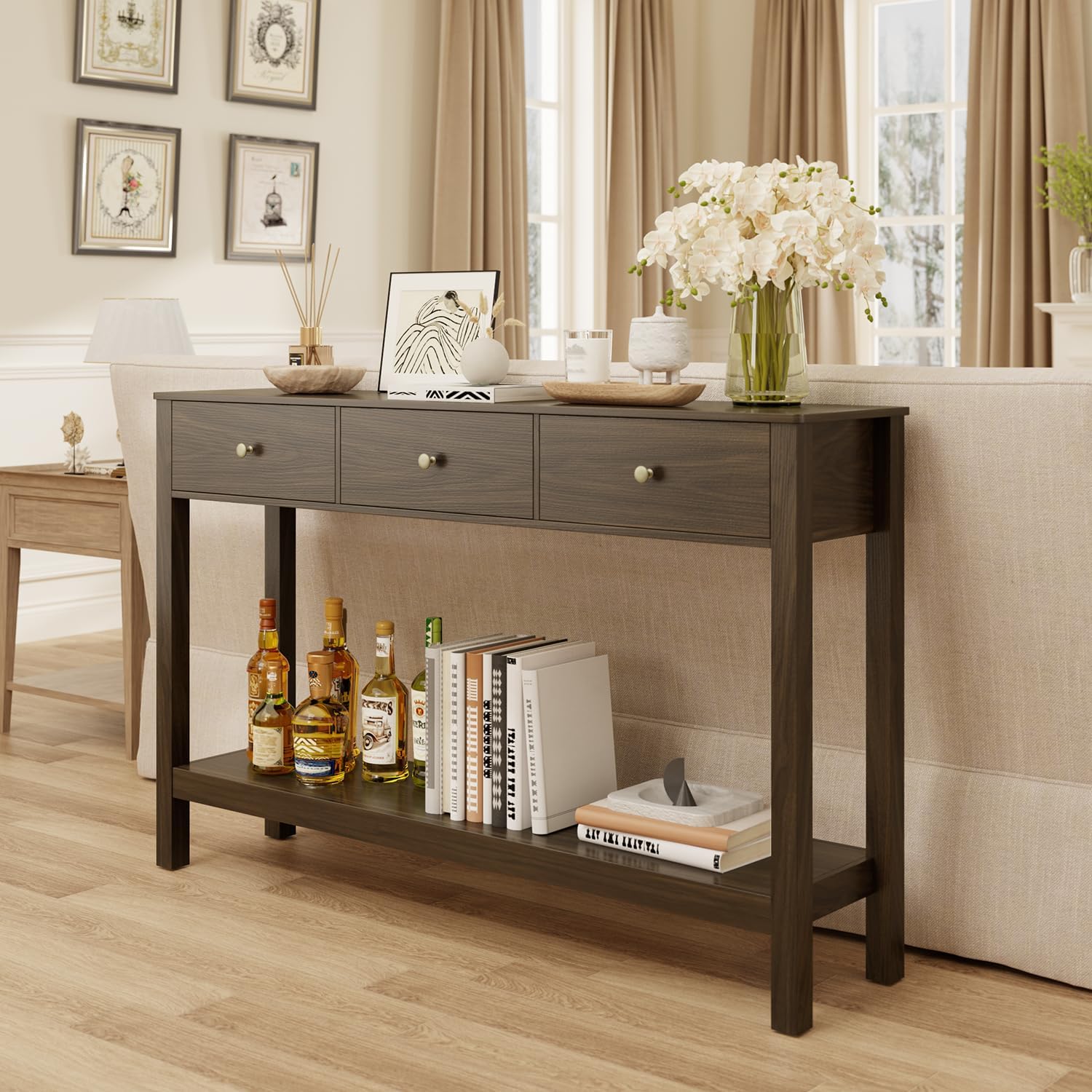 Gizoon Sofa Table with 3 Drawers, Modern Accent Console Table with Open Shelf, Large Storage Space, for Living Room, Front Hall, Entrance Hall, Study Room, Dark Brown