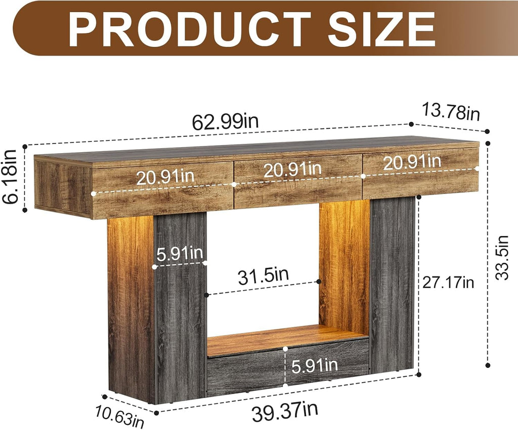 PAKASEPT 63 Inches Long Console Table with Hidden Safe, Colorful LED Lights and 3 Drawers, Farmhouse 2-Tier Entryway Table with Hidden Compartment for Gun Storage for Hallway, Living Room