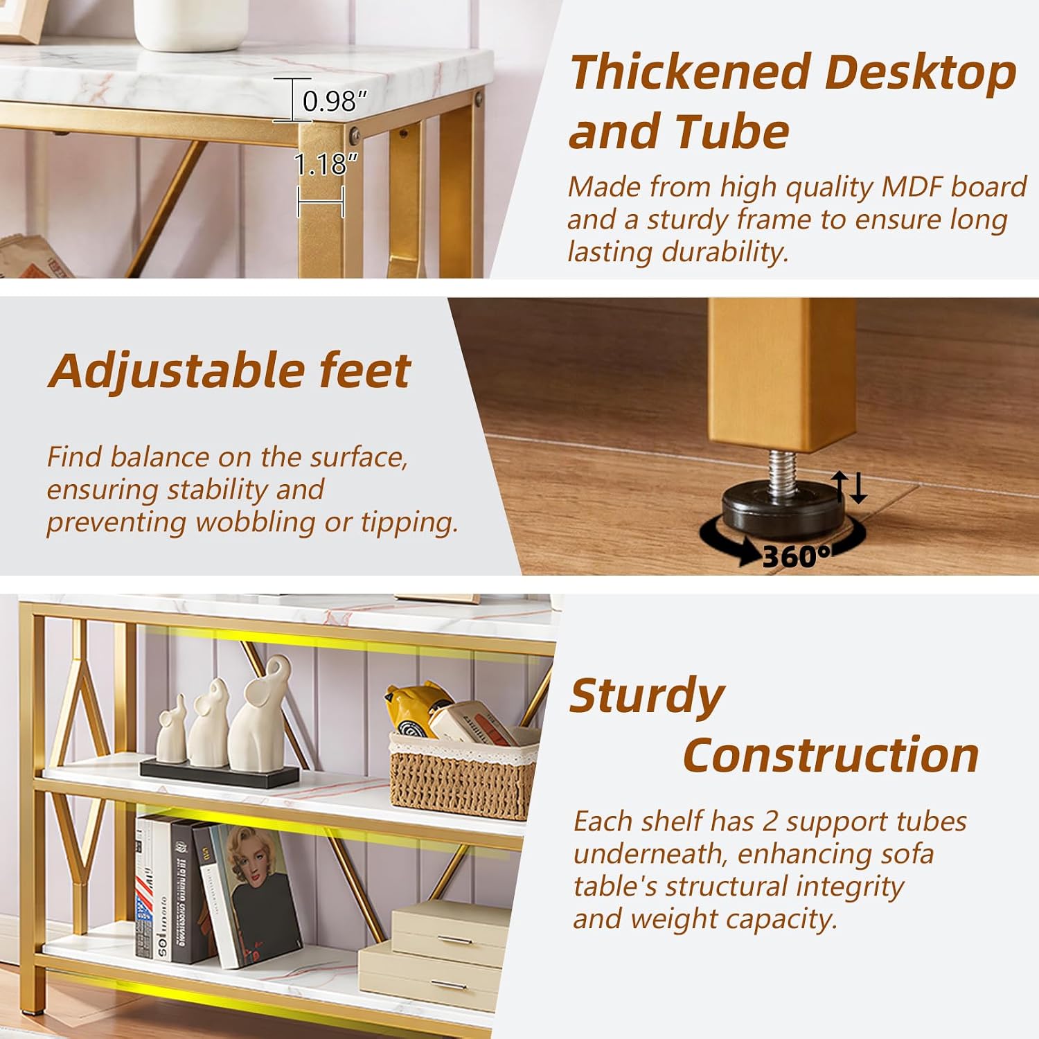 HOMISSUE Sofa Console Table, Rustic Console Table with 3-Tier Storage, Engineered Wood Sofa Tables with Open Shelves, Heavy Duty Entryway Tables for Living Room, Hallway (47 Inch, Gold)
