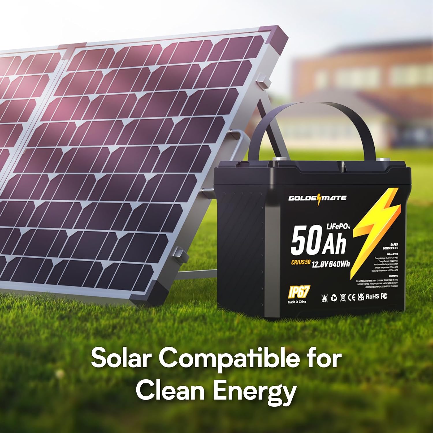 GOLDENMATE 12V 50Ah LiFePO4 Battery, IP67 Waterproof, 5000+ Deep Cycles, Built-in BMS & Grade A Lithium Iron Phosphate Battery Cell, Ideal for RV, Camping, Solar, Marine, Trolling Motor, Off-grid Sets