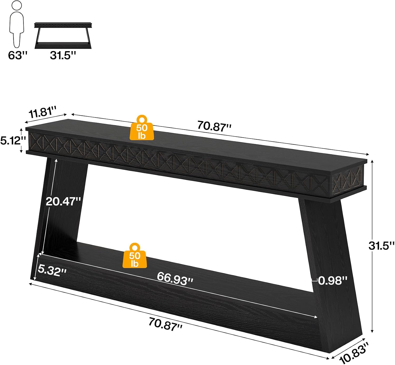Tribesigns 70.9 Inch Long Console Table for Entryway, 2-Tier Farmhouse Entryway Table with Storage, Narrow Sofa Table Behind the Couch, Wood Accent Table for Hallway, Living Room, Foyer, Black