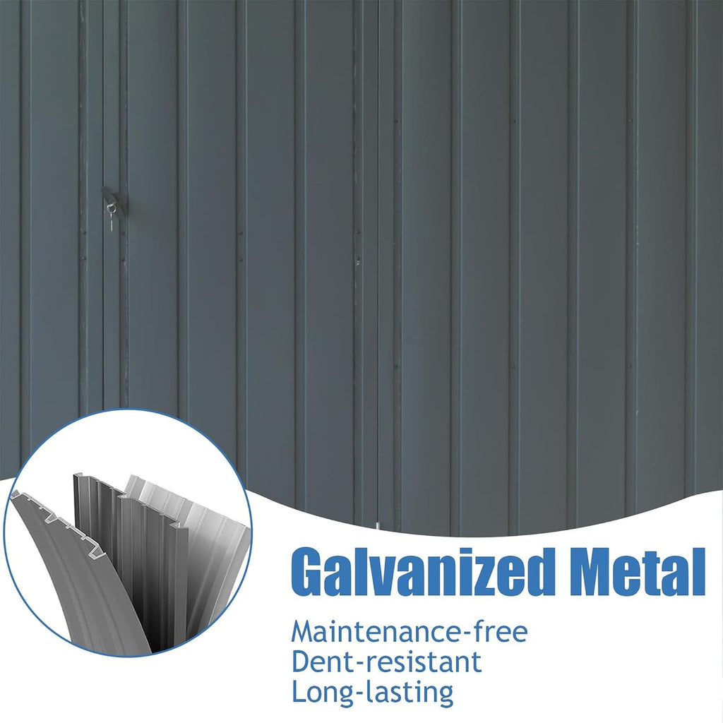 11x9FT Outdoor Storage Shed, with Sloping Roof Galvanized, Latches and Lockable Door, Steel Frame Garden Shed Metal Utility Tool Storage Room for Balcony