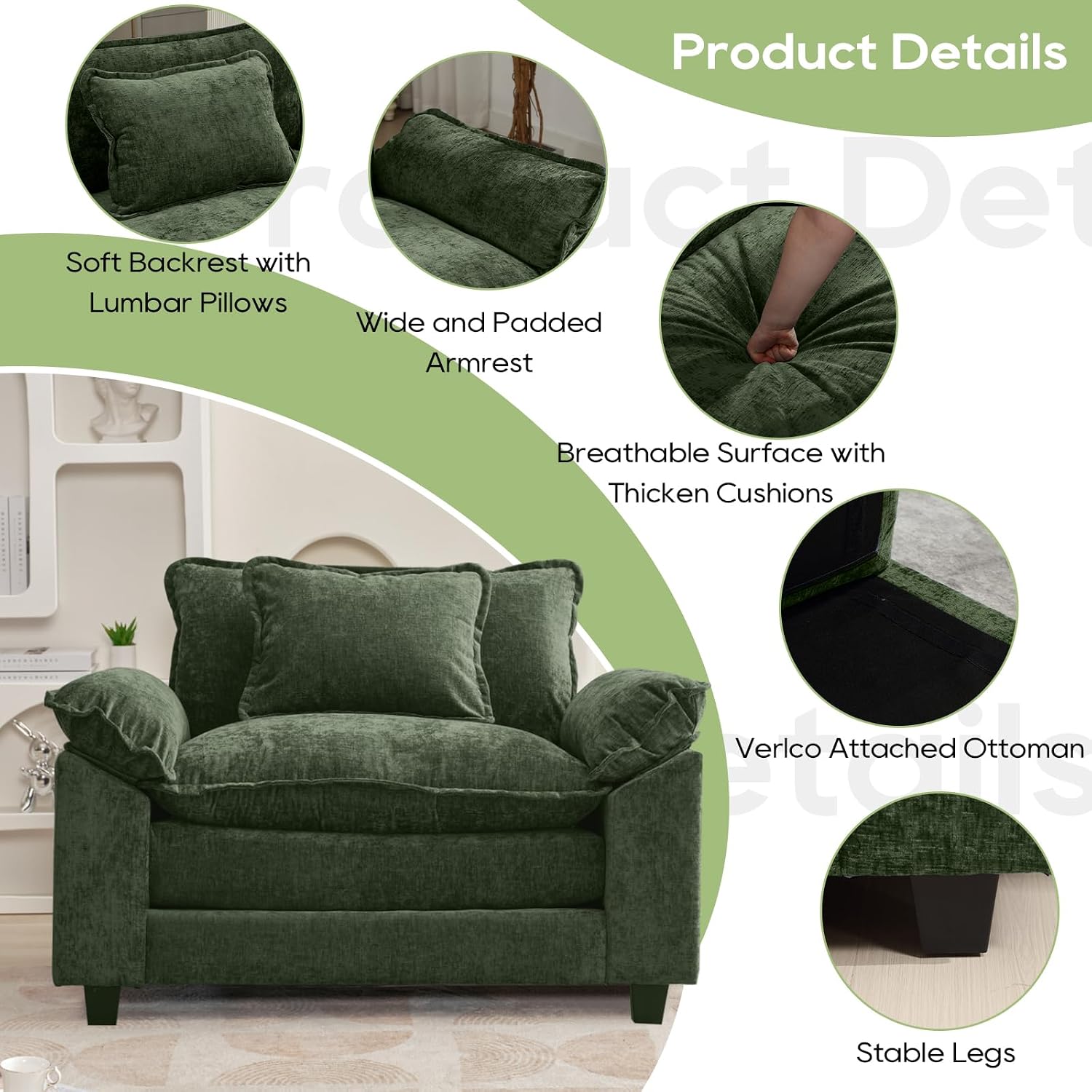 Oprisen Modular Sectional Sofa, Comfy Cloud Couch Sectional Sofa, Chenille Sofa Sleeper Deep Seat Sofa with Throw Pillows for Living Room (Green, 53'- Single Seat)