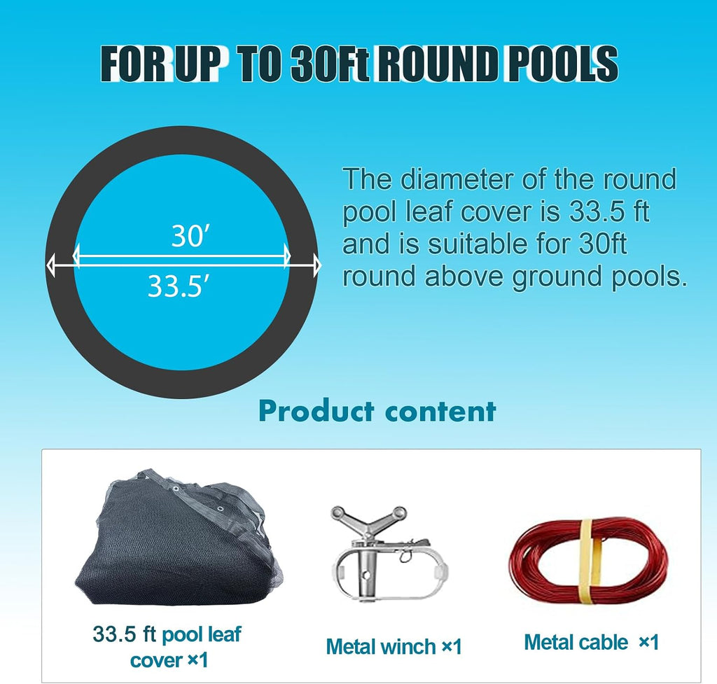 33.5FT Leaf Net Pool Cover for 30 Ft Round Above Ground, Durable Black Mesh Swimming Pool Leaf Net Cover with Winch and Cable for Leaves and Debris, Tear Resistant, UV Resistant, and Reatherproof