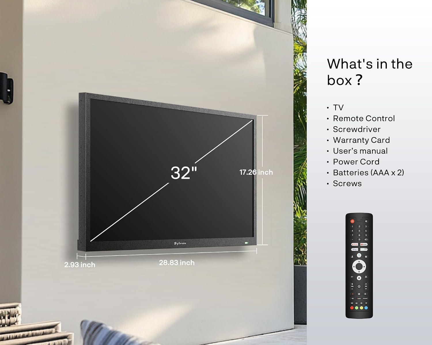SYLVOX 32 inch Outdoor TV, Full Sun Outdoor Television 1500 Nit High Brightness, 1080P FHD Sunlight Readable Display, IP55 Weatherproof TV, Smart TVs for Outdoor Entertainment (Pool SE/2025)