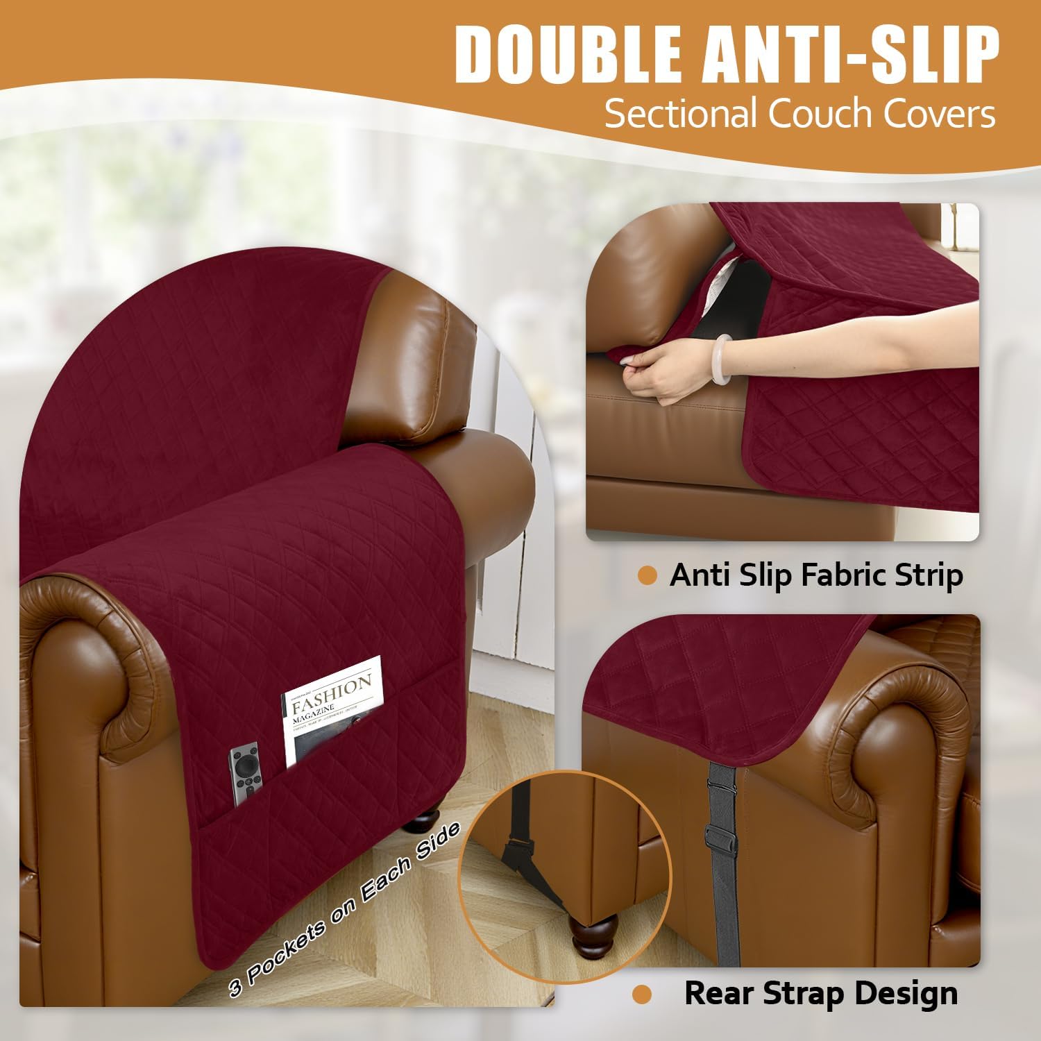 Arfntevss Waterproof Sectional Couch Covers L Shape Washable Velvet Sofa Cover for Sectional Non Slip Large Corner Slipcovers Dog 6 Pcs Universal U Shaped Furniture Protector (Burgundy, X-Large)
