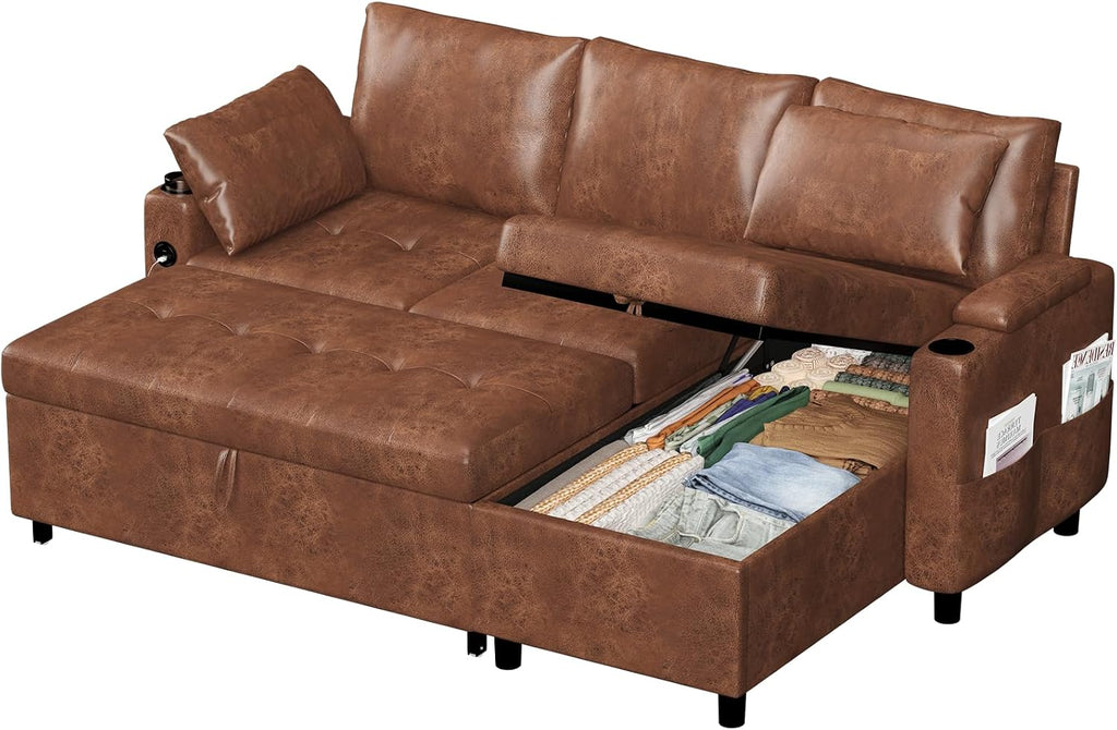 Esright Sleeper Sofa Bed, 3-in-1 Pull Out Couch with Reversible Chaise, Leather Sleeper Sofa with Storage, USB, Cup Holder, Pullout Sectional Couches for Apartment Living Room, Brown