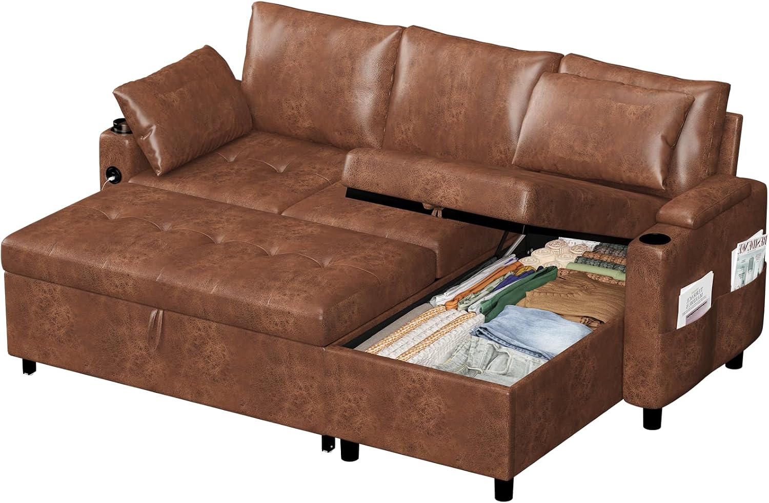 Esright Sleeper Sofa Bed, 3-in-1 Pull Out Couch with Reversible Chaise, Leather Sleeper Sofa with Storage, USB, Cup Holder, Pullout Sectional Couches for Apartment Living Room, Brown
