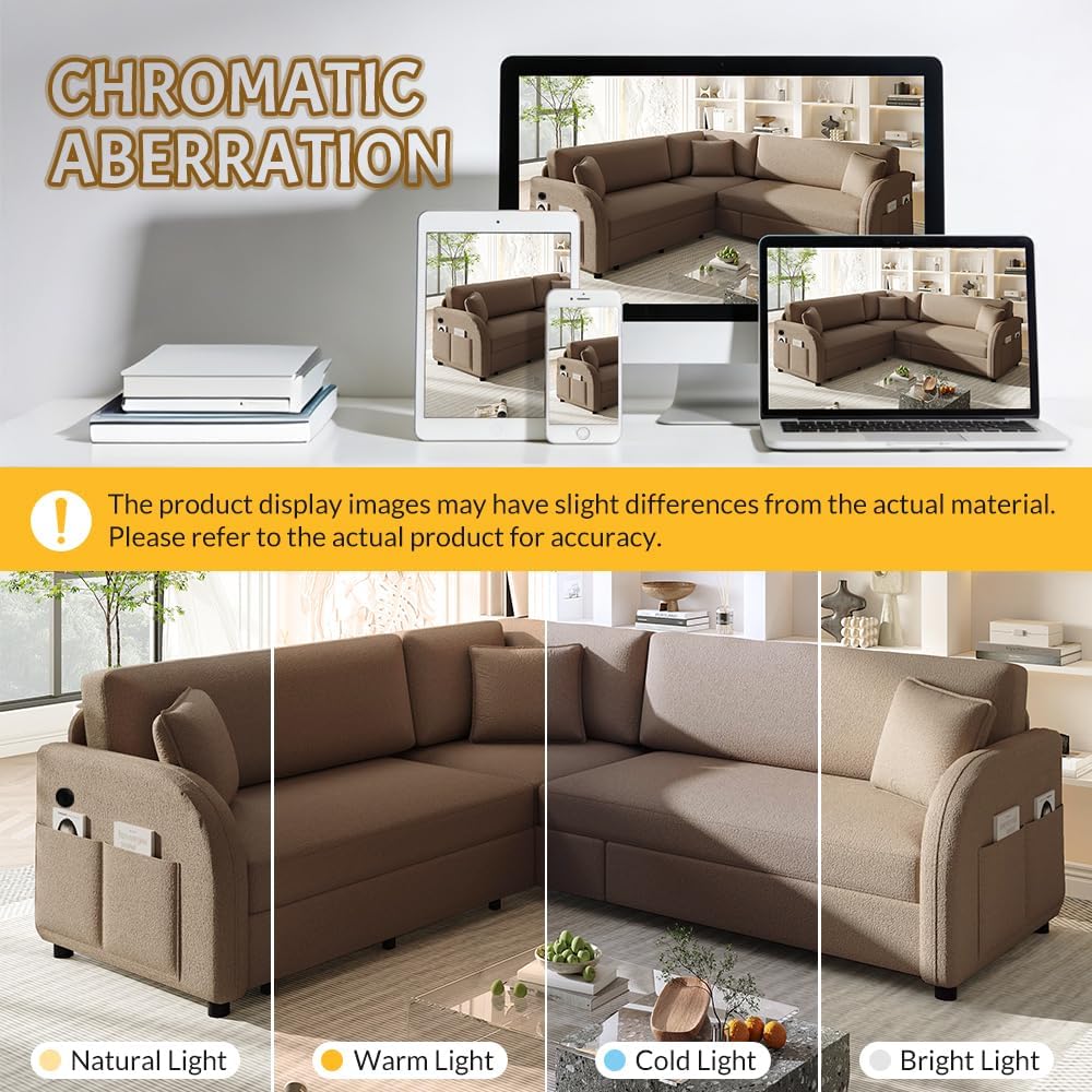 Queen Size Sleeper Sofas Convertible Couches, L Shaped Sectional Couch with Pull Out Bed, Upholstered 5-Seat Modular Sectional Sofa with Convert Left/Right Facing and USB Port for Living Room