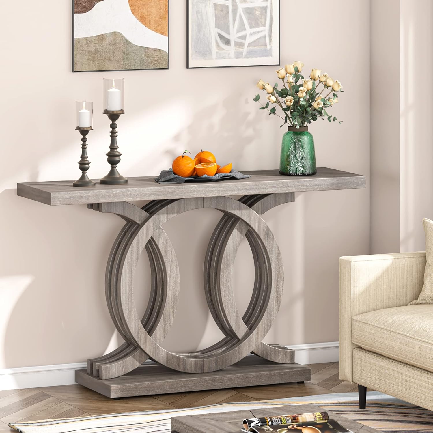Tribesigns 55 inches Console Table with Geometric Base, Farmhouse Hallway Table, Wooden Entryway Sofa Table, Unique Long Accent Table for Decoration and Organization (Grey)