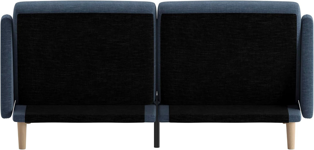 Flash Furniture Delphine Convertible Split Back Sofa Futon - Navy Faux Linen Upholstery - Solid Wood Legs - Curved Armrests - Sleeper Couch for Small Spaces