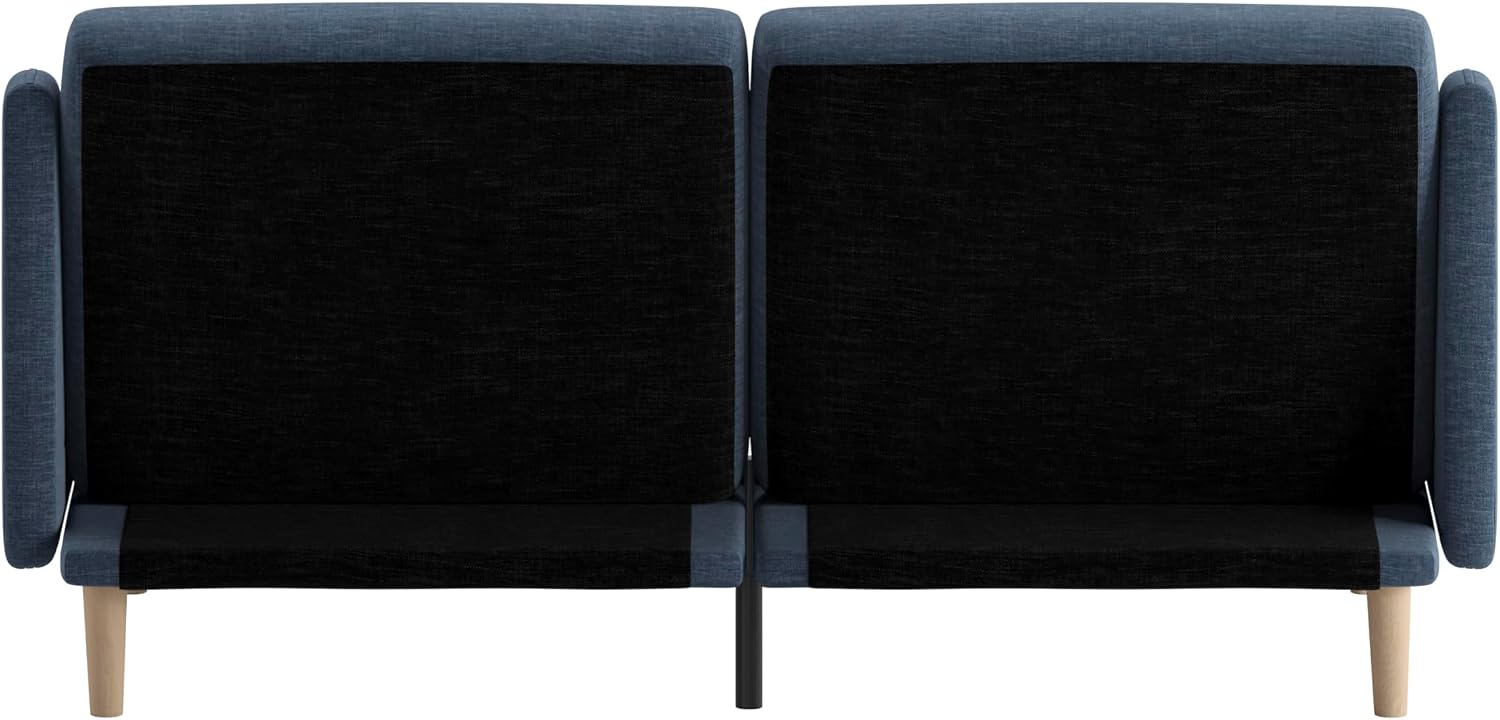 Flash Furniture Delphine Convertible Split Back Sofa Futon - Navy Faux Linen Upholstery - Solid Wood Legs - Curved Armrests - Sleeper Couch for Small Spaces