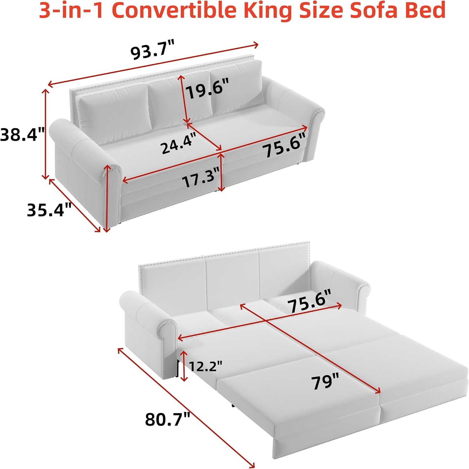 King Size 93.7' Pull Out 3 Seat Sofa with 2 Pillows, 3-in-1 Velvet Fabric Convertible Sleeper Sofa Bed, Fold Couch for Living Room, Office and Small Space, Beige