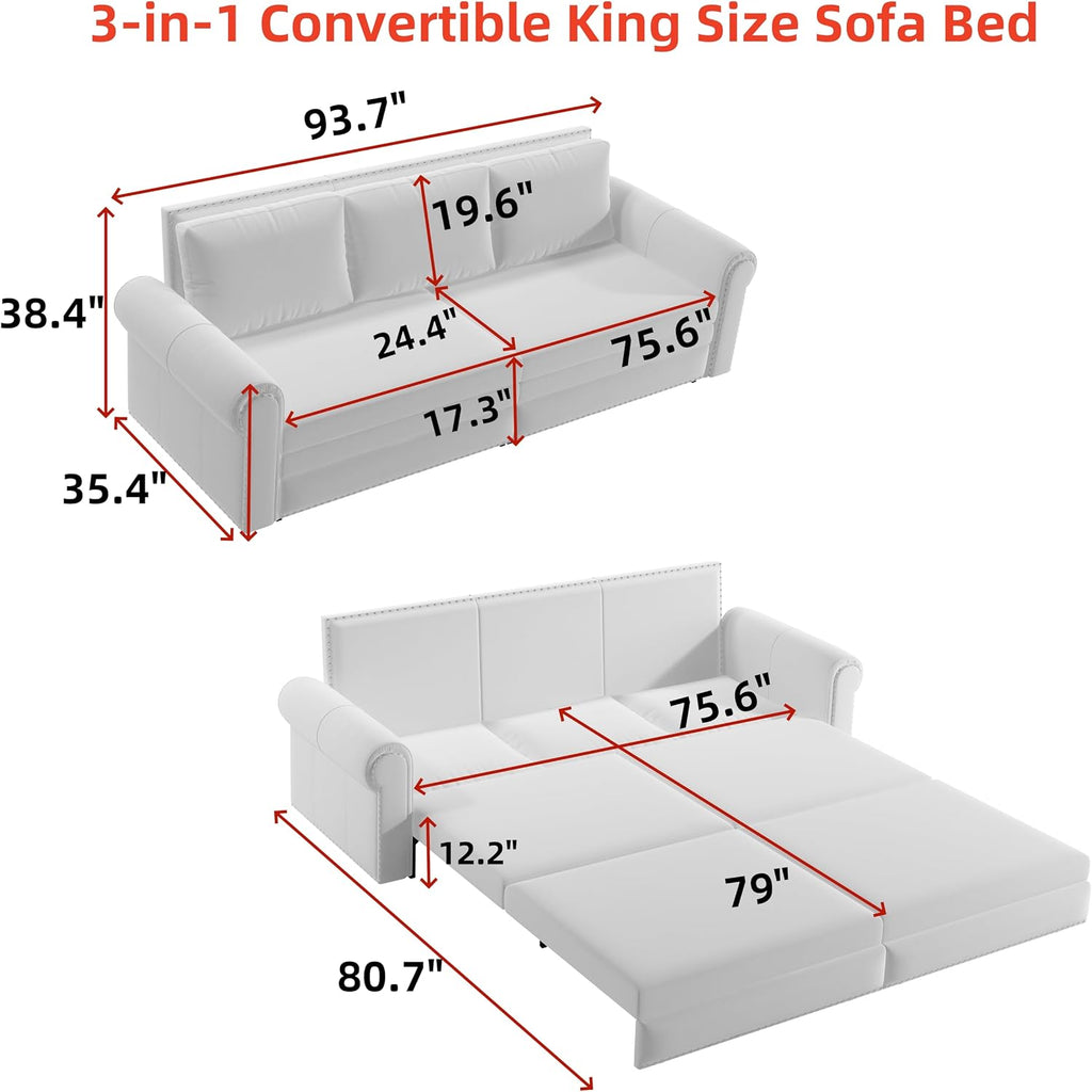93.7' King Size Sofa Sleeper with Pull Out Bed, 3 in 1 Convertible Sleeper Sofa Bed, Velvet Folding Loveseat 3-Seater Couch with Deep Seat, Nailhead Trim & Rolled Arm for Living Room (Blue)