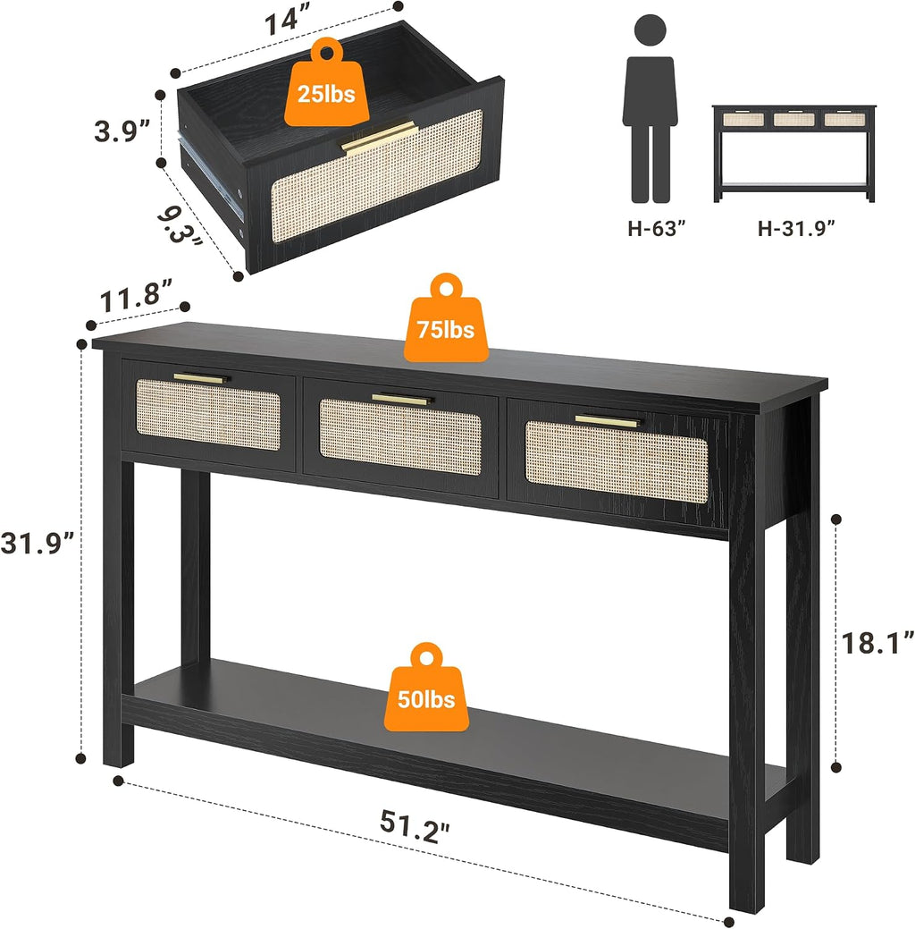 ELYKEN 51.2' Black Console Tables for Entryway, Rattan Entryway Table with 3 Drawer & Shelf, Narrow Long Sofa Table for Behind Couch Hallway, Entrance Entry Living Room