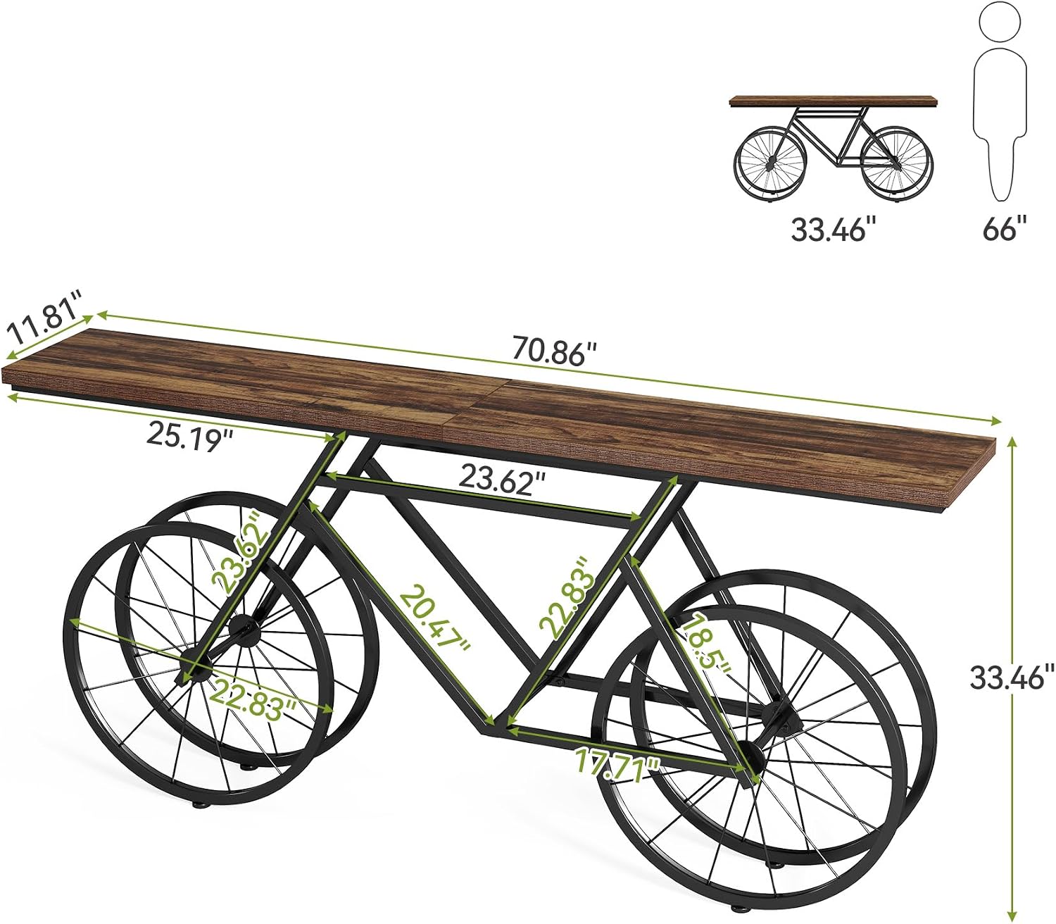 LITTLE TREE Narrow Sofa Table, 70.9-Inch Extra Long Console Table for Living Room, Entryway, with Unique Bicycle Metal Base. Rustic Brown
