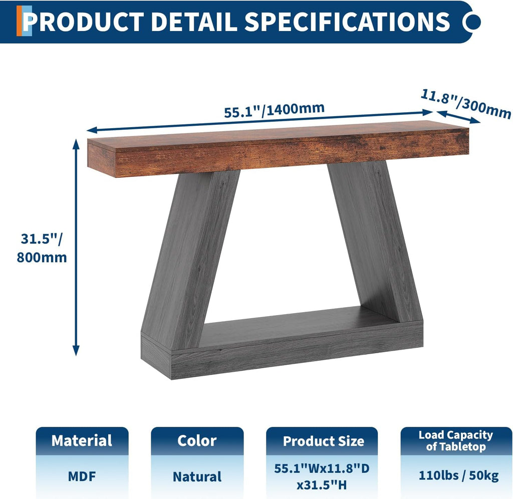 55 Inches Console Table, Sofa Table Behind Couch, 2-Tier Wooden Entry Tables for Entryway Foyer Hallway, Industrial Console Tables with Open Storage Shelf for Living Room