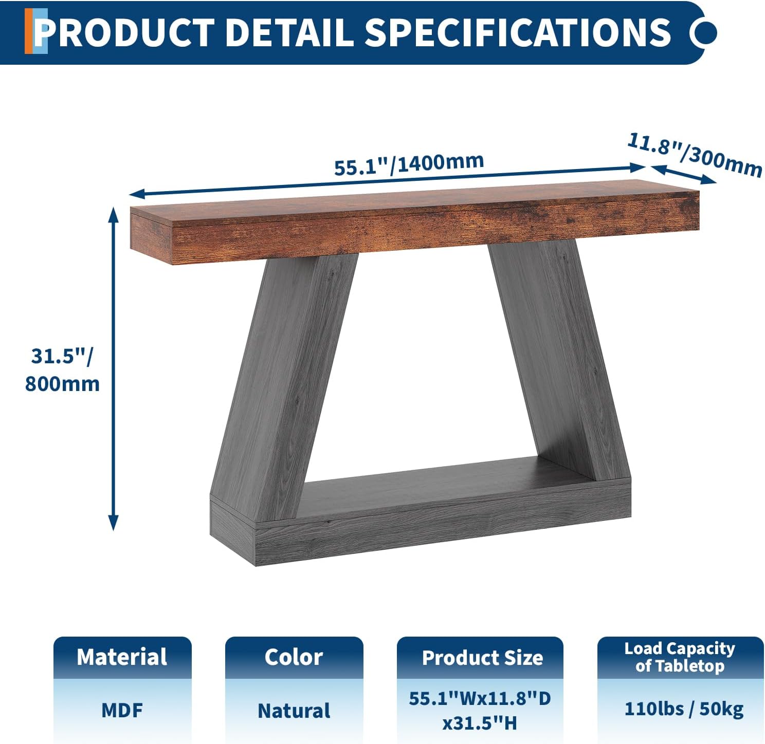 55 Inches Console Table, Sofa Table Behind Couch, 2-Tier Wooden Entry Tables for Entryway Foyer Hallway, Industrial Console Tables with Open Storage Shelf for Living Room