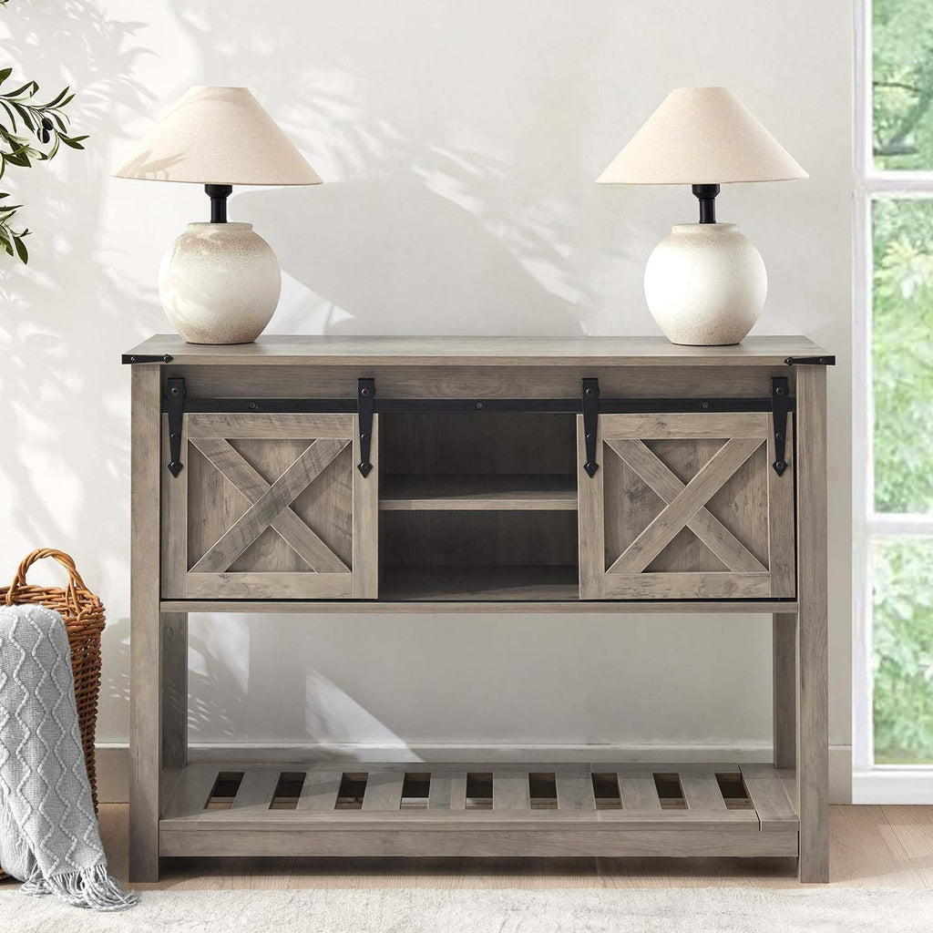Grey Farmhouse Entryway Table, Rustic Hallway Table with Storage Shelf, Sofa Table with Sliding Barn Doors for Hallway, Entryway, Living Room, Foyer