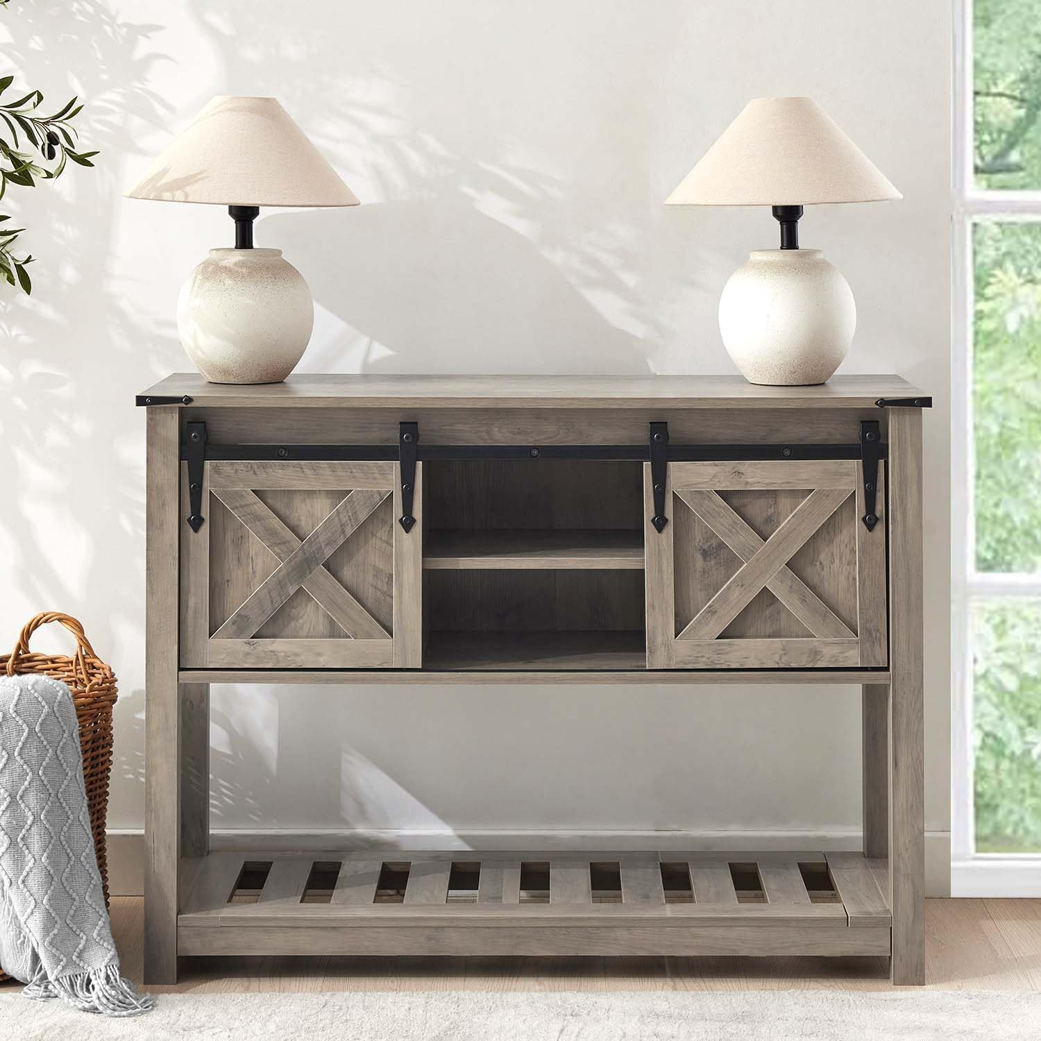 Grey Farmhouse Entryway Table, Rustic Hallway Table with Storage Shelf, Sofa Table with Sliding Barn Doors for Hallway, Entryway, Living Room, Foyer