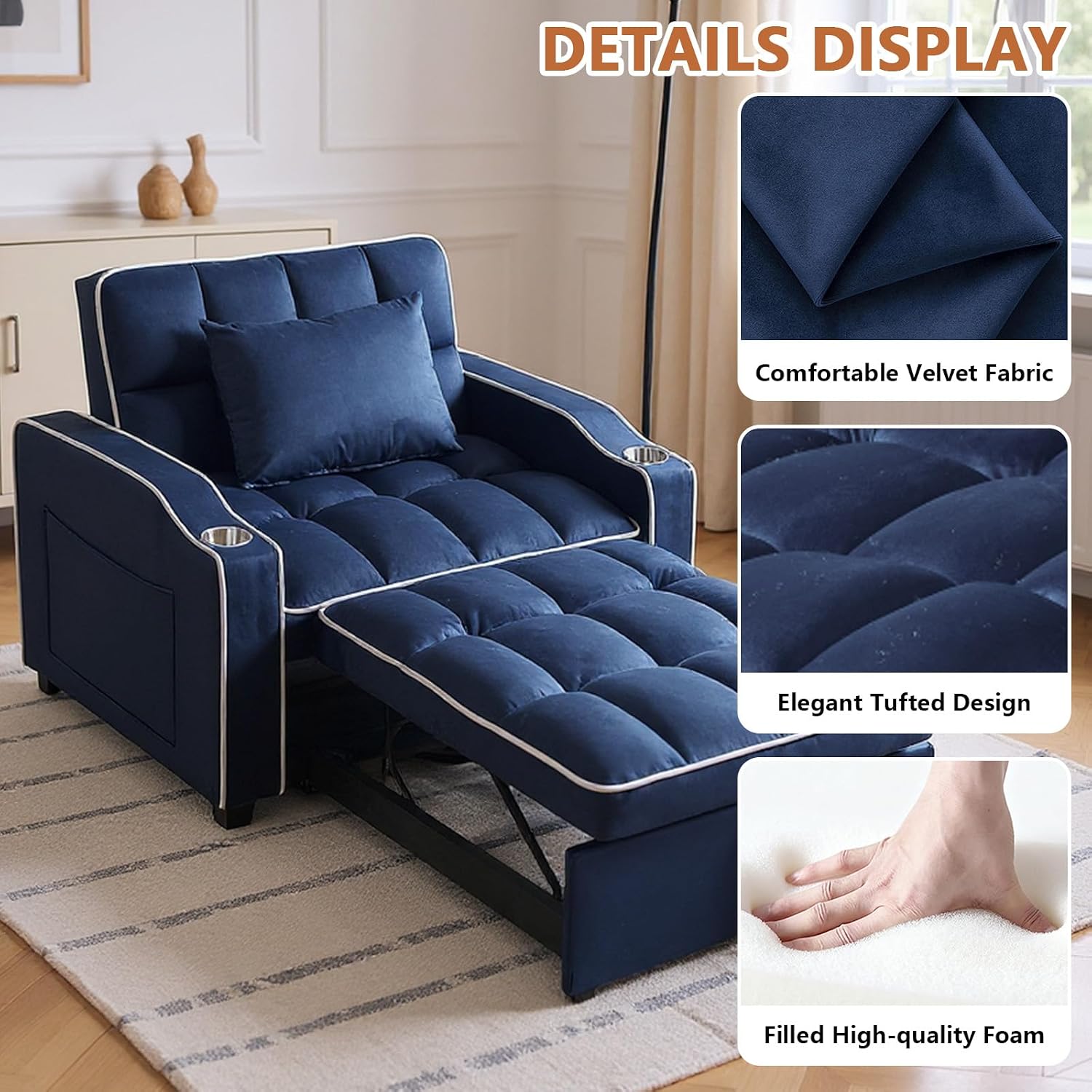 Majnesvon Modern Velvet Fabric Sofa Bed Futon,3 in 1 Convertible Pullout Bed Couches with 3 Reclining Backrests,Phone Stand,Small Sofa Single Sleeper Chair Bed for Living Room Bedroom (Blue)