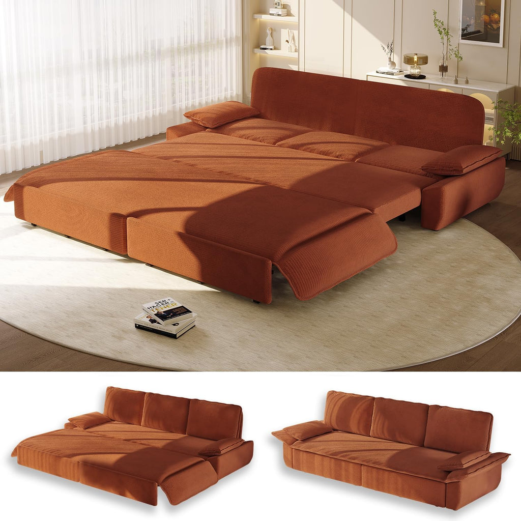94.5' Pull Out Couch King Size, Futon Sofa Bed, 3-in-1 Convertible Sleeper Sofa Bed with Cushion Armrest, Modern Corduroy Loveseat Couches for Living Room, Small Space, Apartment, Orange