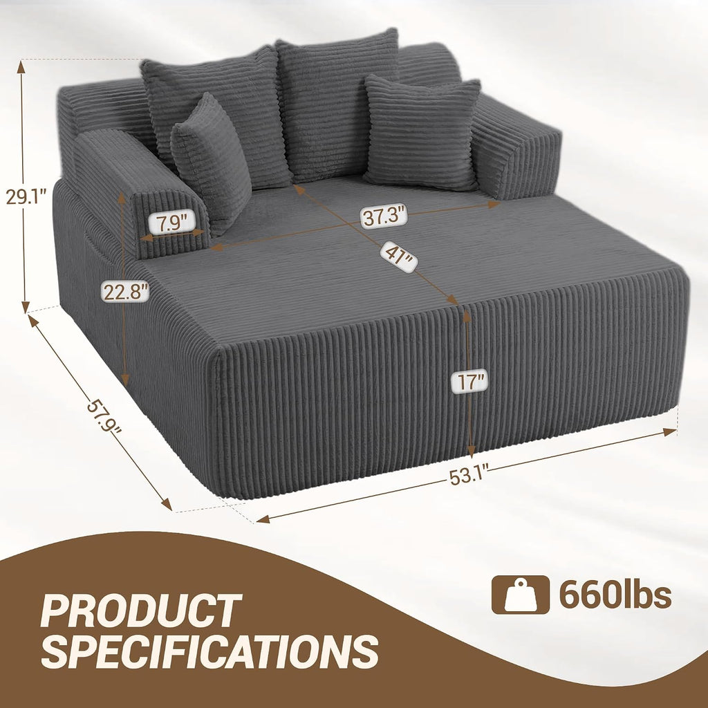58' Oversized Boneless Chair, Corduroy Lounge Chaise Chair Indoor Sleeper Sofa Bed with Arms and 4 Pillows, No Assembly for Bedroom Living Room, Grey