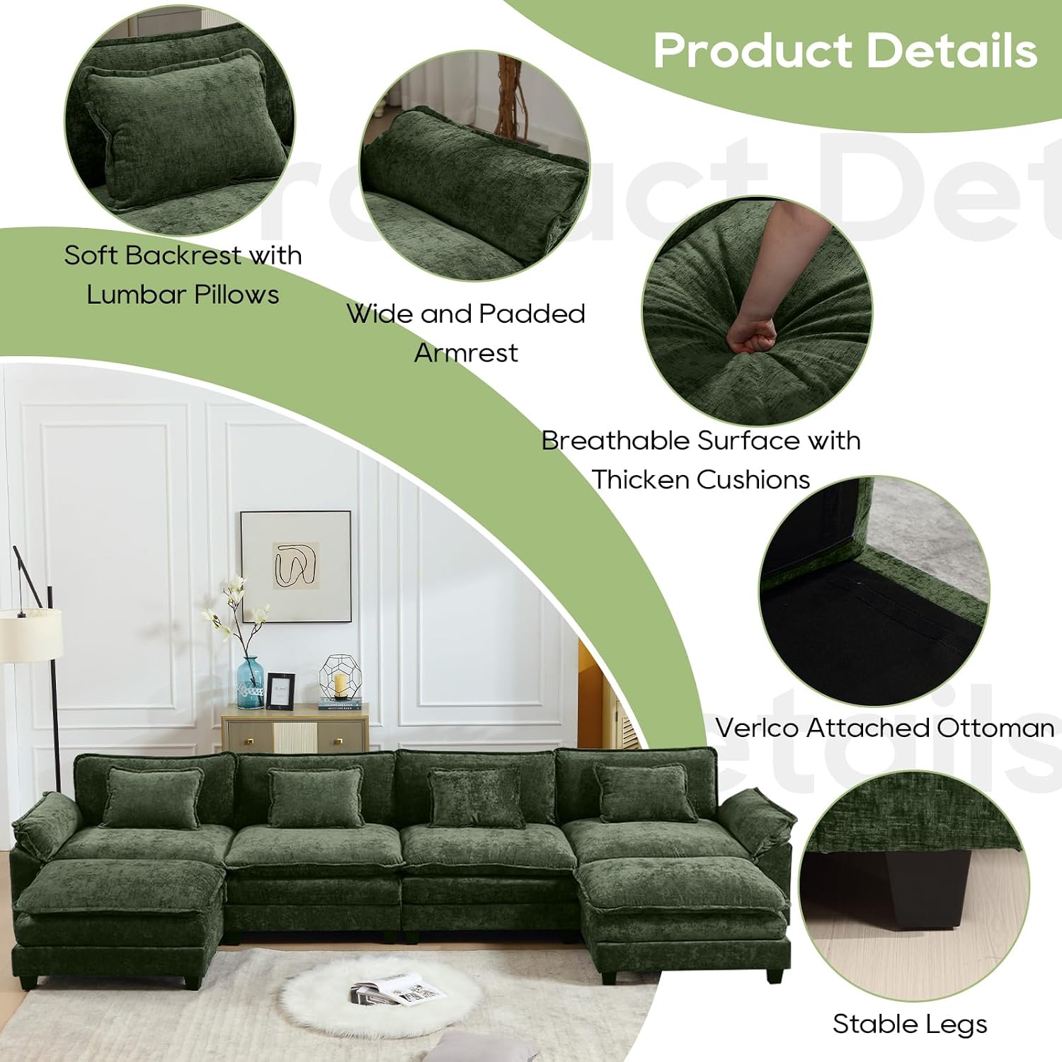 Oprisen 154' Modular Sectional Sofa, Comfy Cloud Couch Sectional Sofa with Ottoman, Chenille Sofa Sleeper Deep Seat Sofa with Throw Pillows for Living Room (Green, 154'- U Shape)