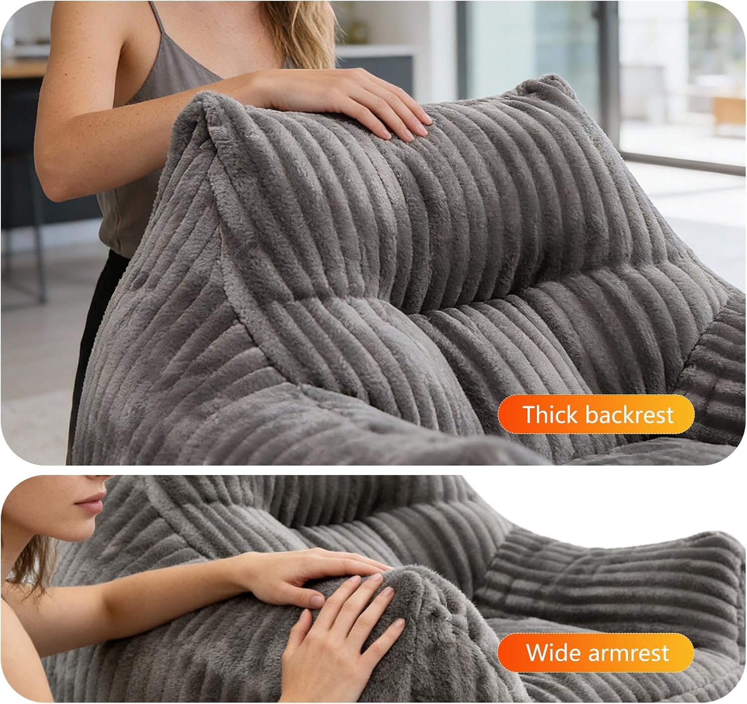 Bean Bag Chair for Adults with Armrests, Bean Bag Sofa with Back Support for Living Room, Bedroom, Dorm, Cozy Fluffy BeanBag Lazy Couch (Gray)