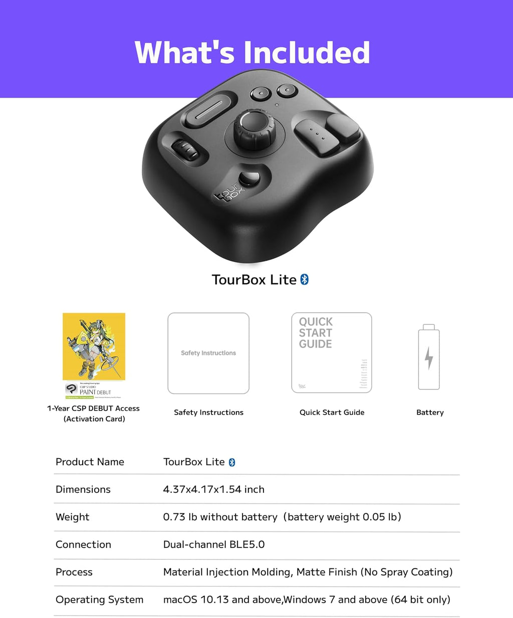 TourBox Lite Bluetooth - Drawing Bundle with Device & Clip Studio Paint Debut (Activation Card), Artist Go-to Compact Macro Keypad Editing Keyboard with Custom Software - CSP Starter Wireless Kit