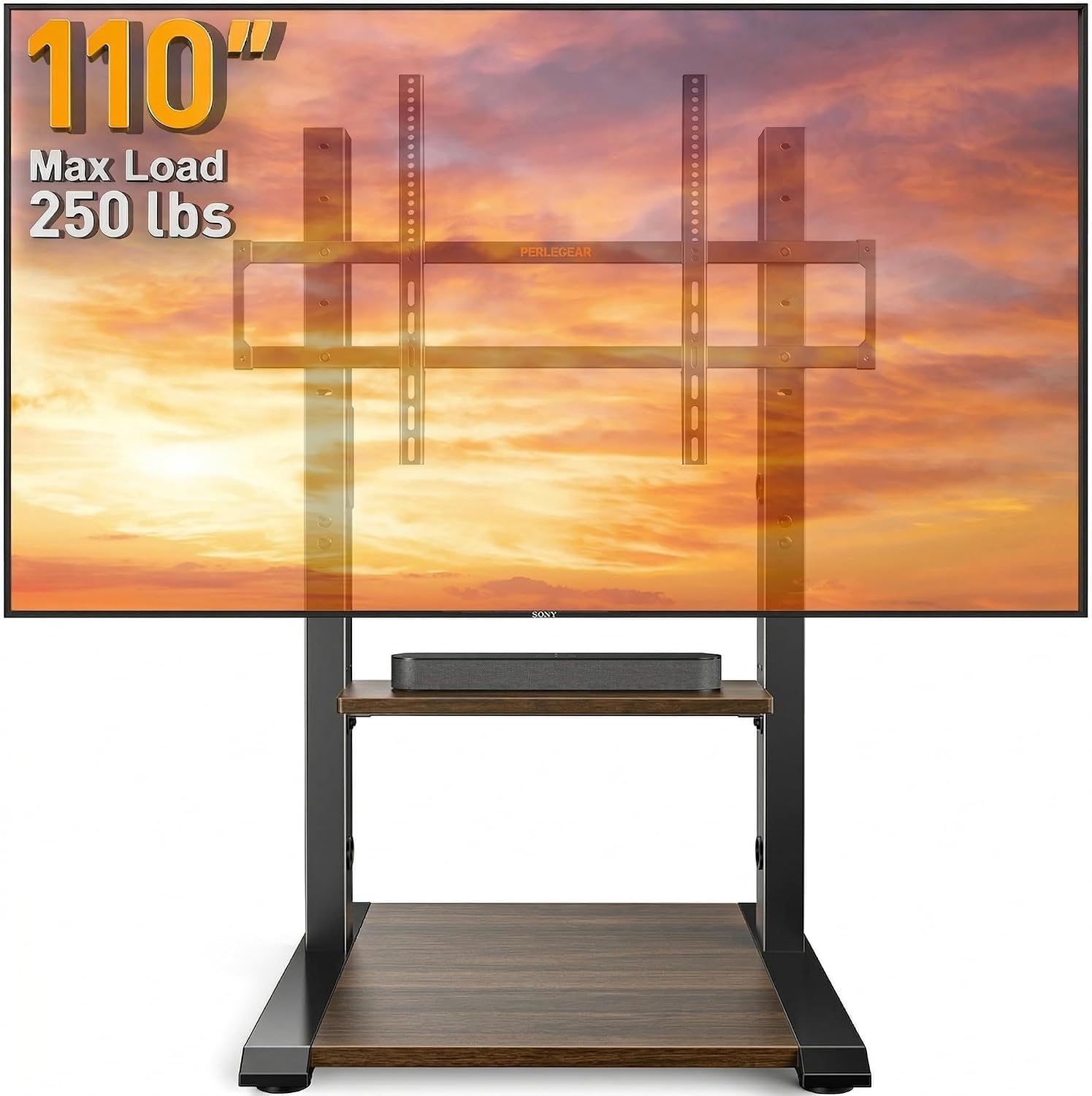 Perlegear Floor TV Stand for 50–110″ TVs with Power Strip, Holds Up to 250 lbs, Universal Standing TV Mount with Adjustable Shelf & Feet, Max VESA 800x600mm, Tall TV Stand for Living Room, PGFS20B