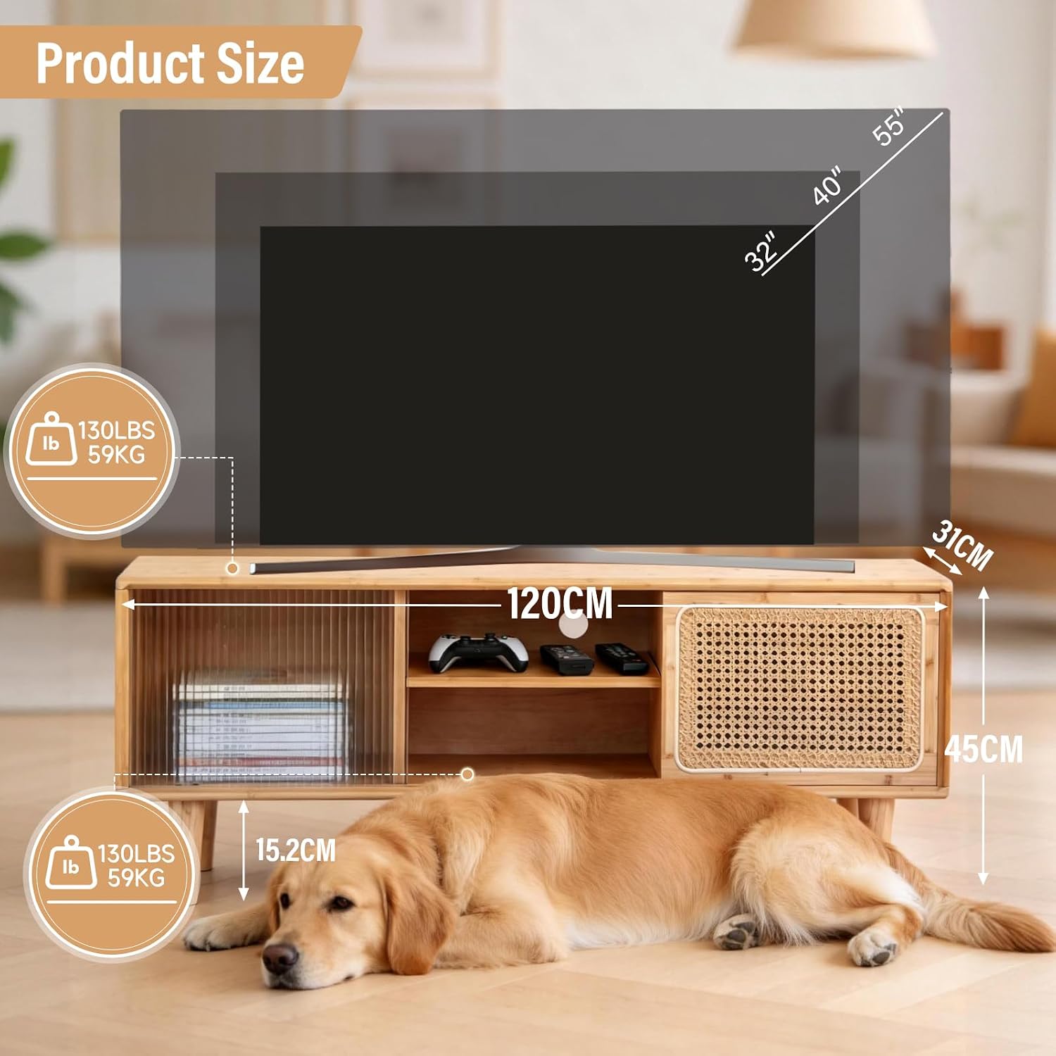 Tiita Rattan TV Stand for 55 Inch TV, Bamboo TV Cabinet with Adjustable Shelf and Storage, Boho Entertainment Center, Mid Century Modern Media Console for Bedroom, Living Room, Study (Natural)