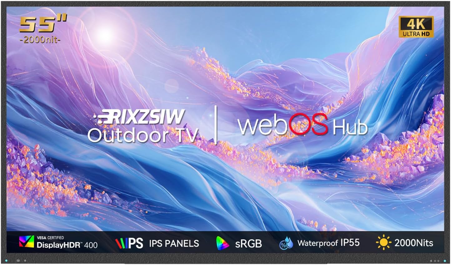 55 Inch Outdoor TV, 2000 Nits Ultra Bright 4K UHD Weatherproof Television, IP55 Waterproof Smart TV with WebOS 22 & Anti-Glare Screen for Direct Sunlight, Backyard, Poolside, Deck & Patio