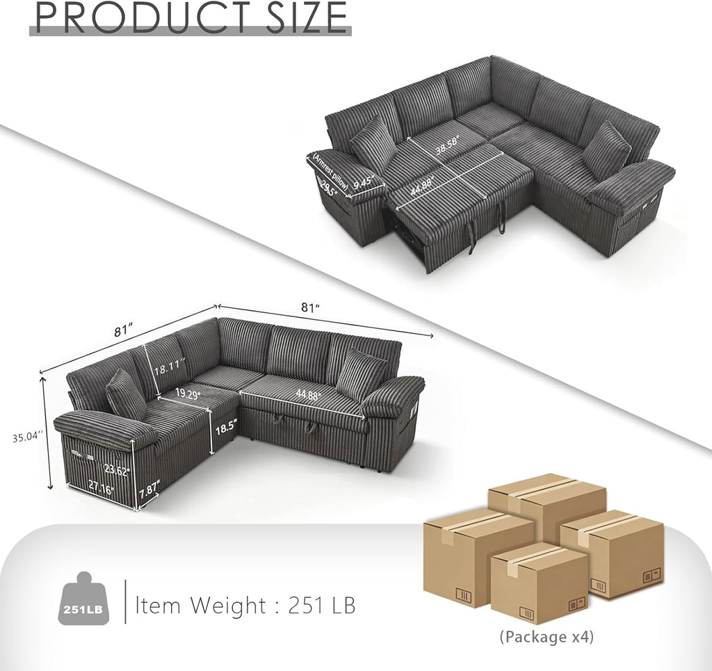81' Modular Sectional Sofa, L Shaped 5-Seater Sleeper Sofa with Pull Out Bed, Hidden Storage& USB Charging Ports, Sectional Couches for Living Room(Corduroy, Black Grey)