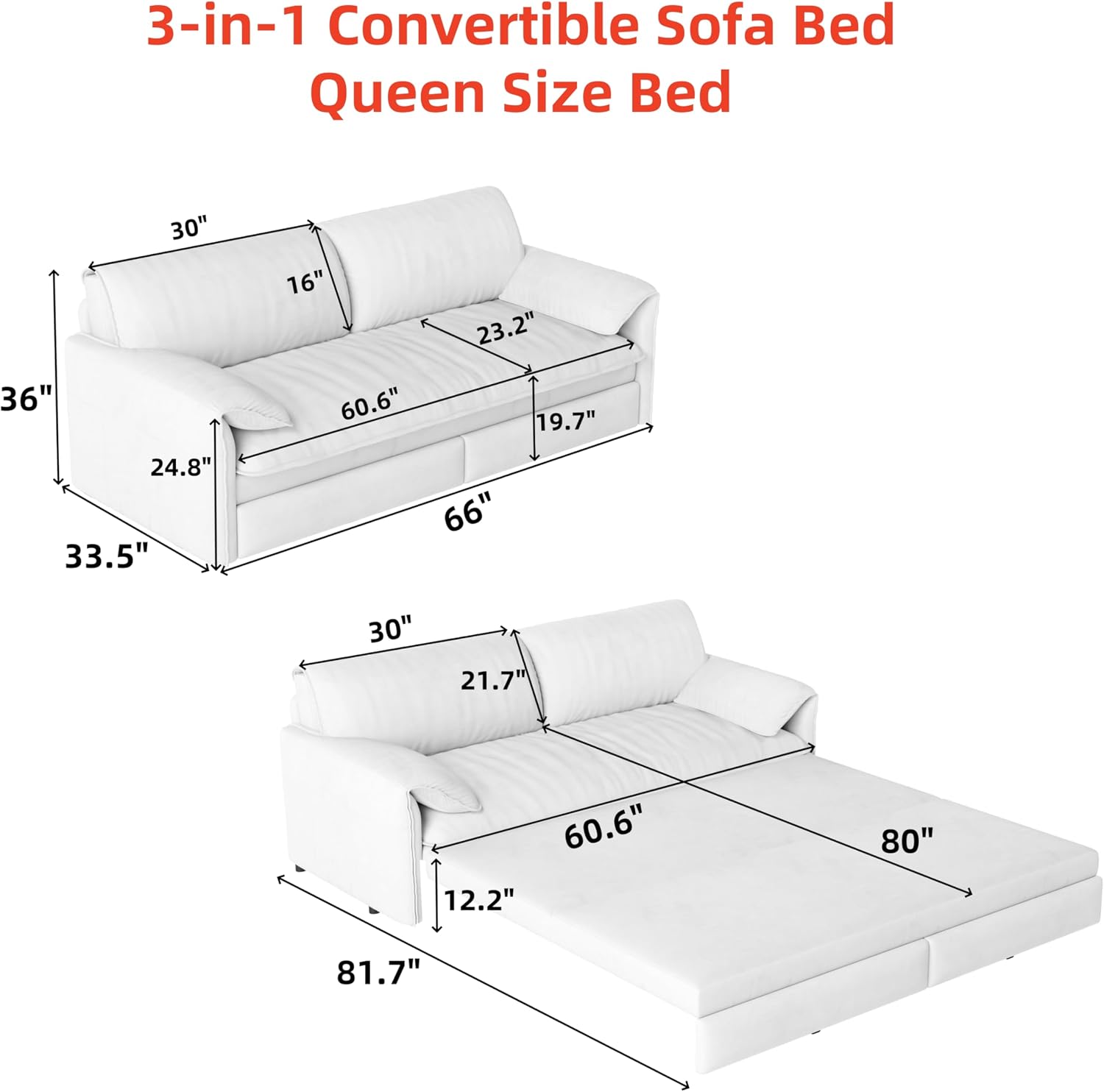 66'' Velvet Queen Size Pull Out Sofa Bed, 3-in-1 Convertible Loveseat Sleeper Sofa with Armrest for Living Room, Apartment, Space Saving, Beige