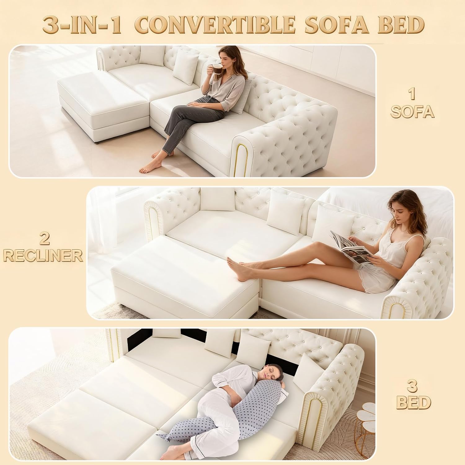 90.6'' Futon Sofa Bed, Chesterfield Velvet Sleeper Sofa, Convertible Floor L-Shaped Couch, Tufted Back, 4 Pillows, Gold Edge Trim, Deep Loveseat Couches for Living Room, Apartment, Gold Beige