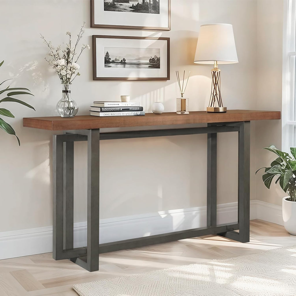 LKTART 59.05-Inch Long Behind Couch Sofa Table for Living Room, Farmhouse Console Table with Storage, Narrow Accent Entryway Tables for Hallway Entrance Foyer (Brown+Grey)