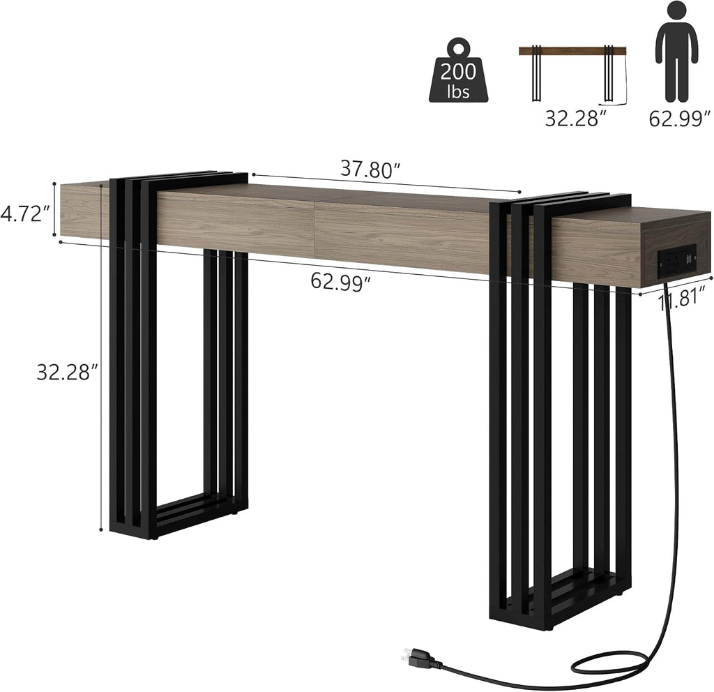 63' Long Console Table for Entryway - Behind Couch Table for Living Room, Wood Sofa Tables with Black Parallel Metal Frame & Power Outlet for Hallway, Entrance, Narrow Foyer, Light Walnut