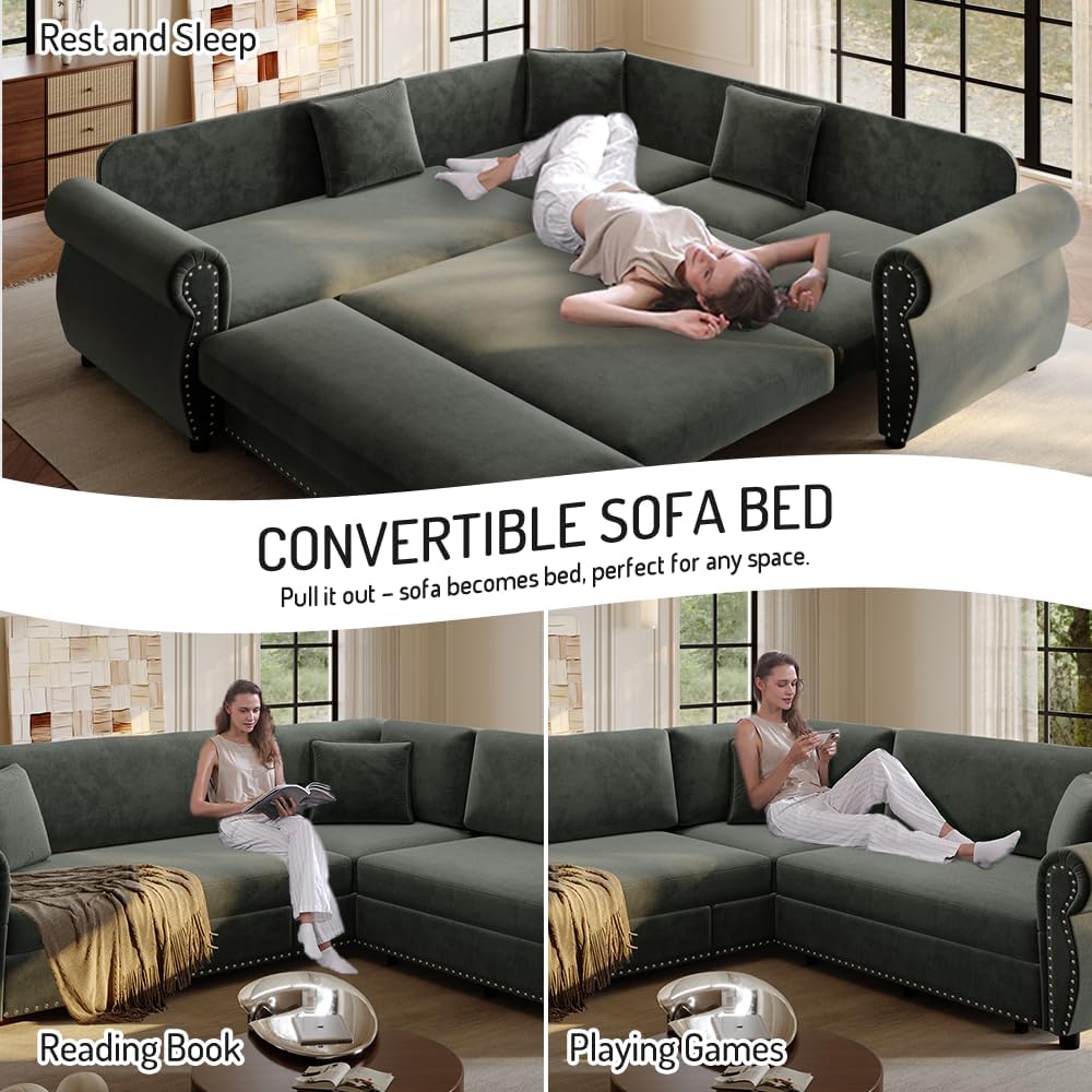 88.2'' Pull Out Couch Bed King, L Shaped Convertible Sleeper Sofa, 4-Seater Couches with Rivet Armrests, 3 Pillows, Chenille Upholstery, Futon Sofa Bed for Living Room, Apartment, Dark Grey