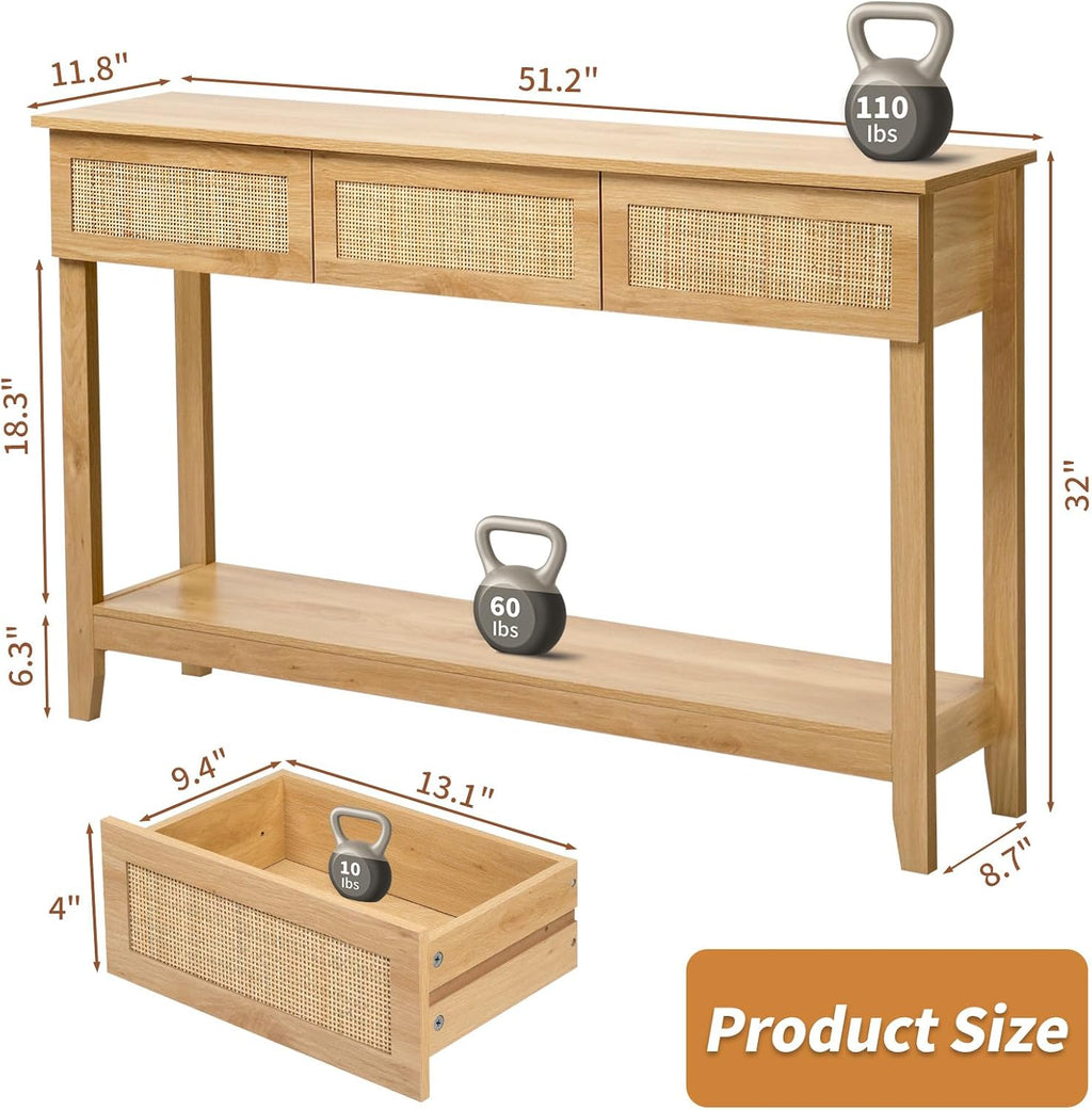Karl home Console Table, Rattan Entryway Table with Storage Narrow Long, w/3 Drawers & Storage Shelf, Sofa Table Foyer Hallway Behind Couch Table for Living Room, Natural Wood