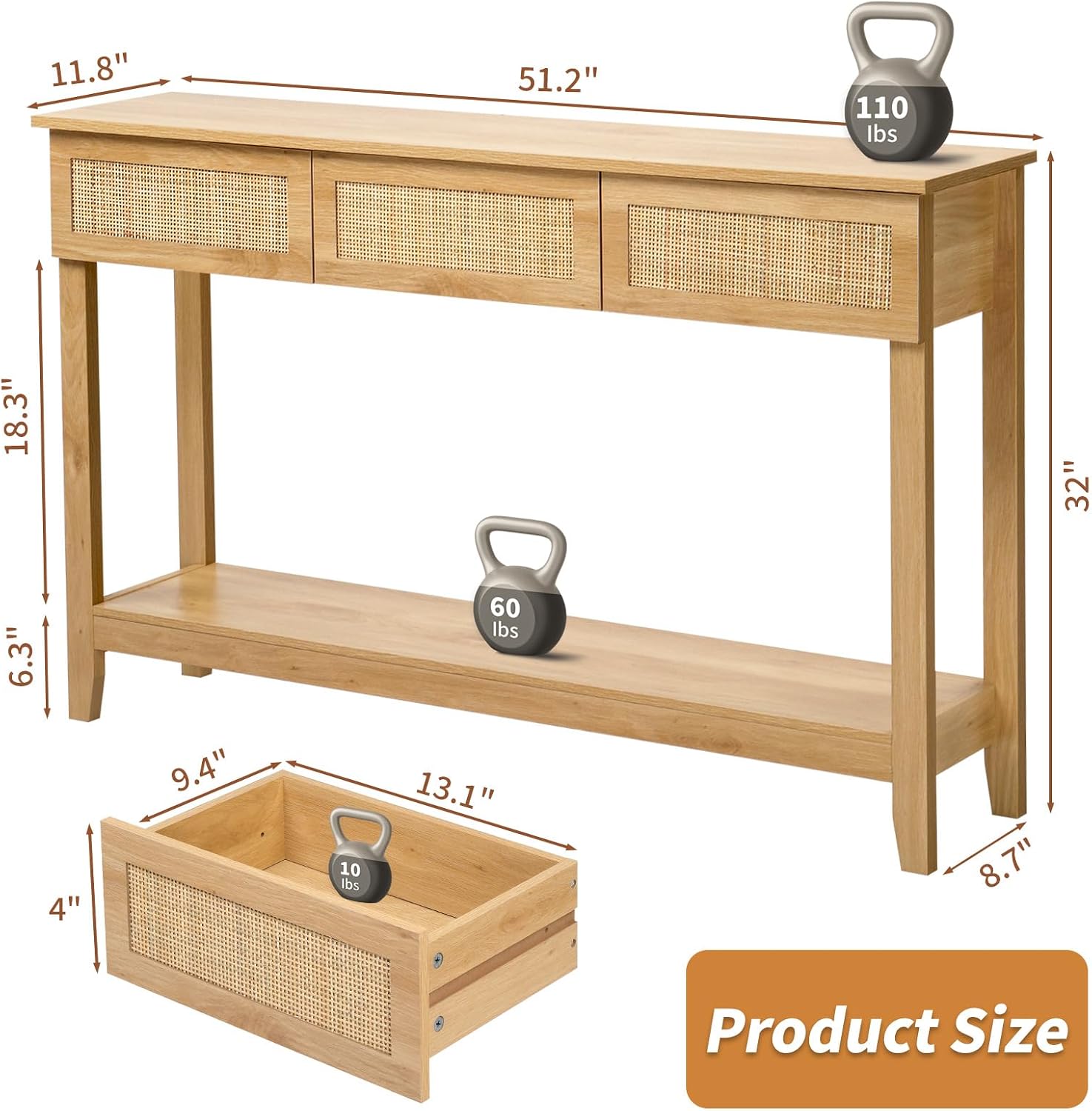 Karl home Console Table, Rattan Entryway Table with Storage Narrow Long, w/3 Drawers & Storage Shelf, Sofa Table Foyer Hallway Behind Couch Table for Living Room, Natural Wood